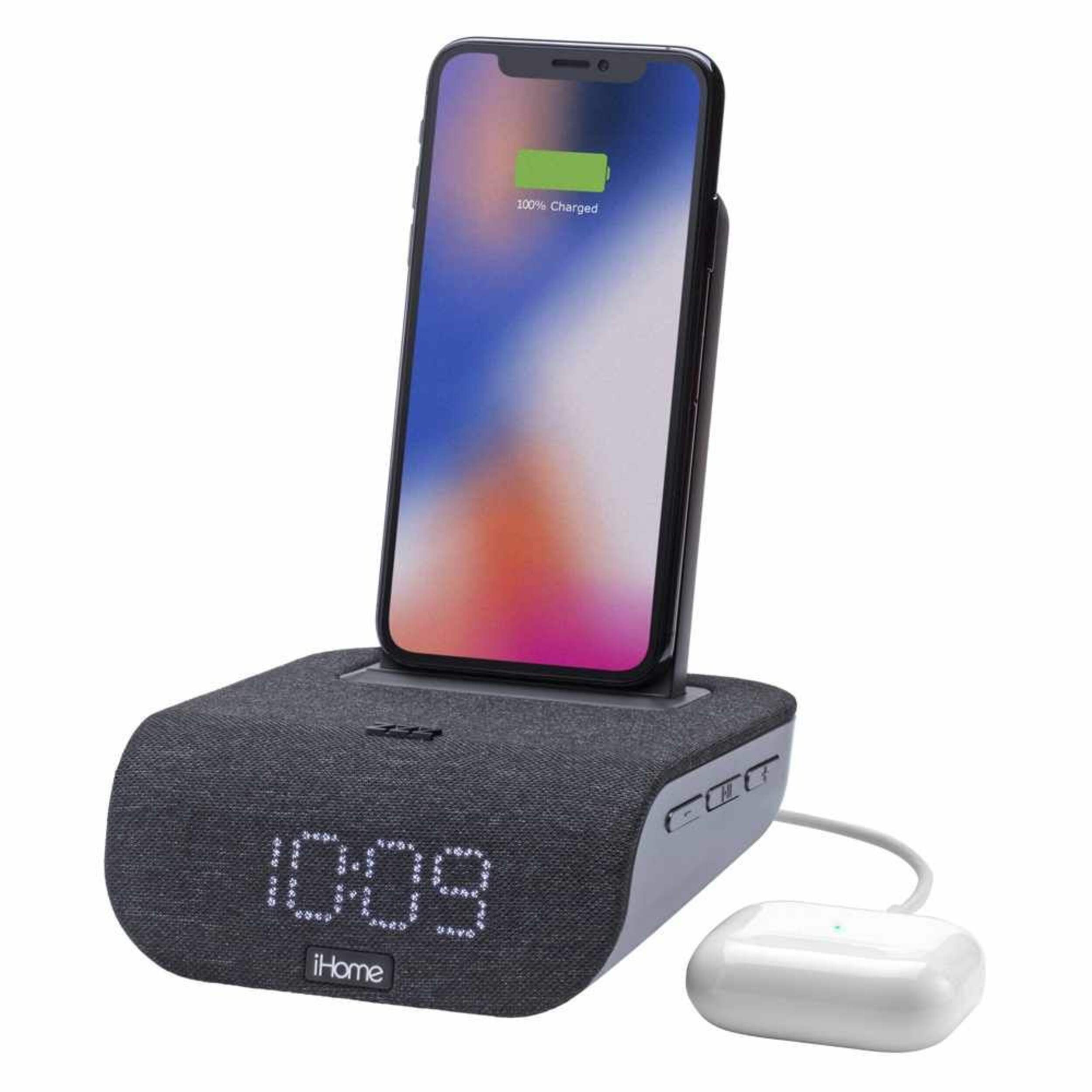 iHome Timebase Dual Charging Bluetooth Alarm Clock, Black Front_Angled_Left