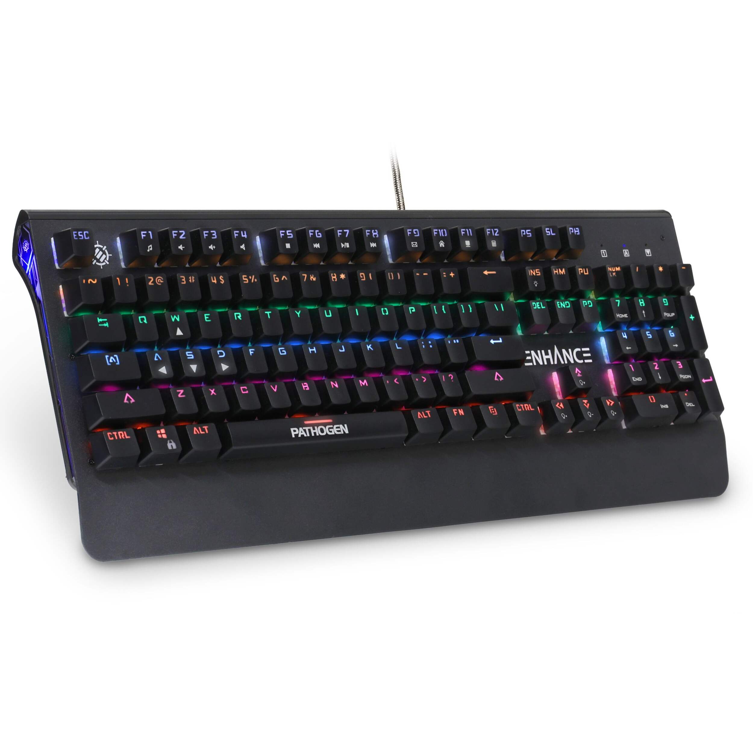 ENHANCE Pathogen 2 Blue Switch Mechanical Gaming Keyboard with Integrated Wrist Rest, Black Front_Three_Fourths_Angled_Right