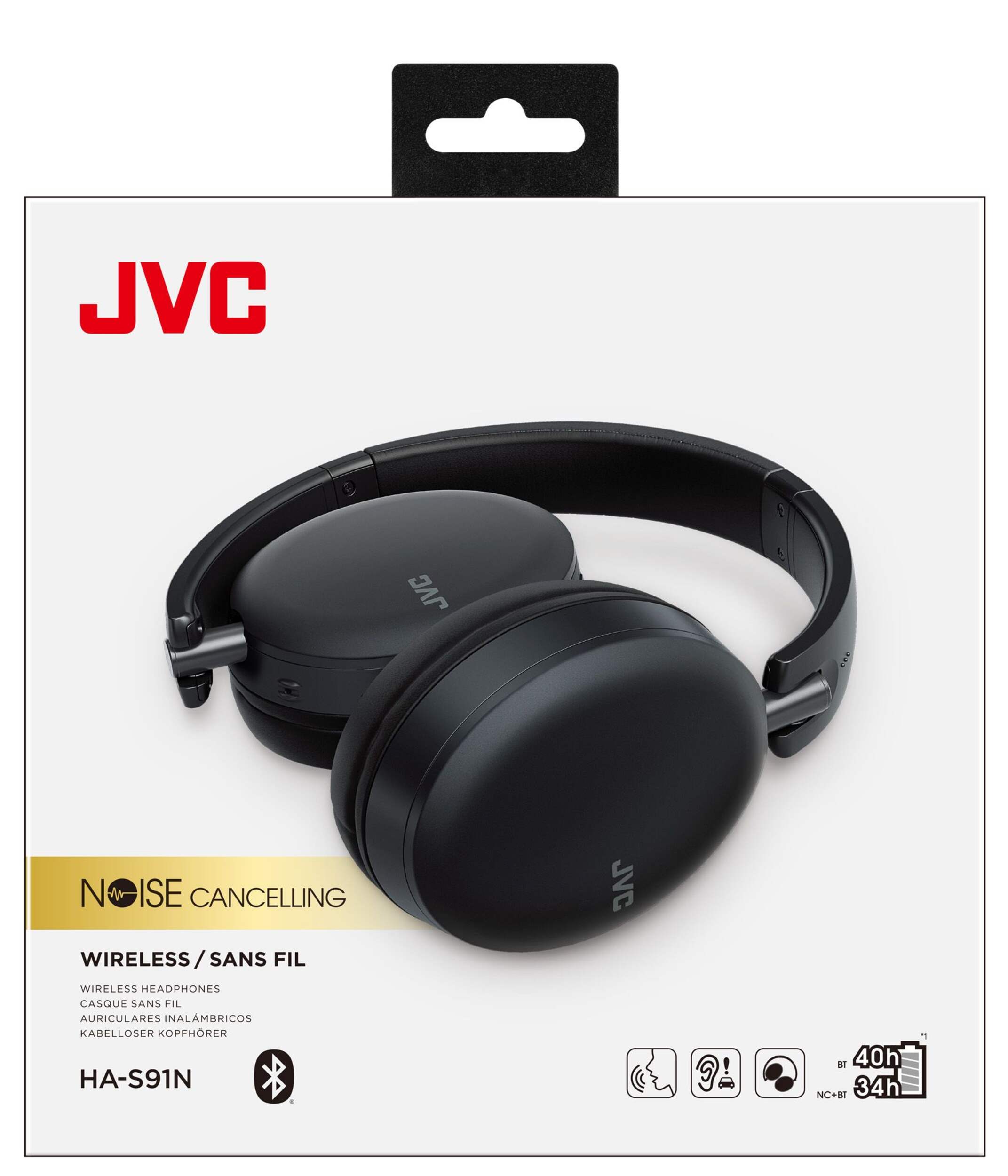 JVC HA-S91N Over Ear Noise Canceling Wireless Bluetooth Headphones, Black Front_Flat