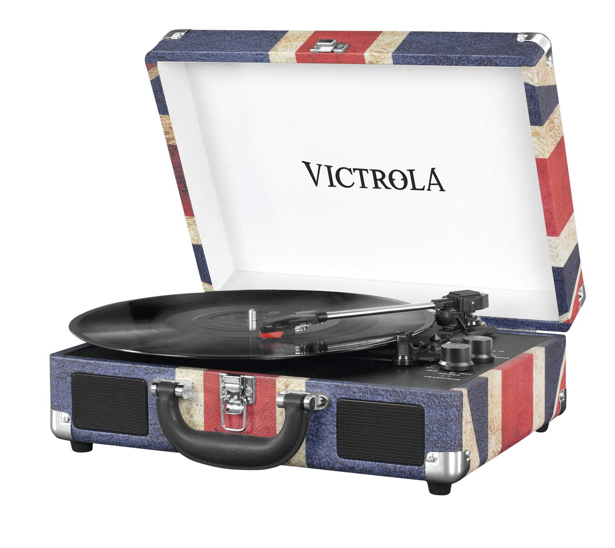 Suitcase Turntable, Union Jack Front_Three_Fourths_Angled_Left