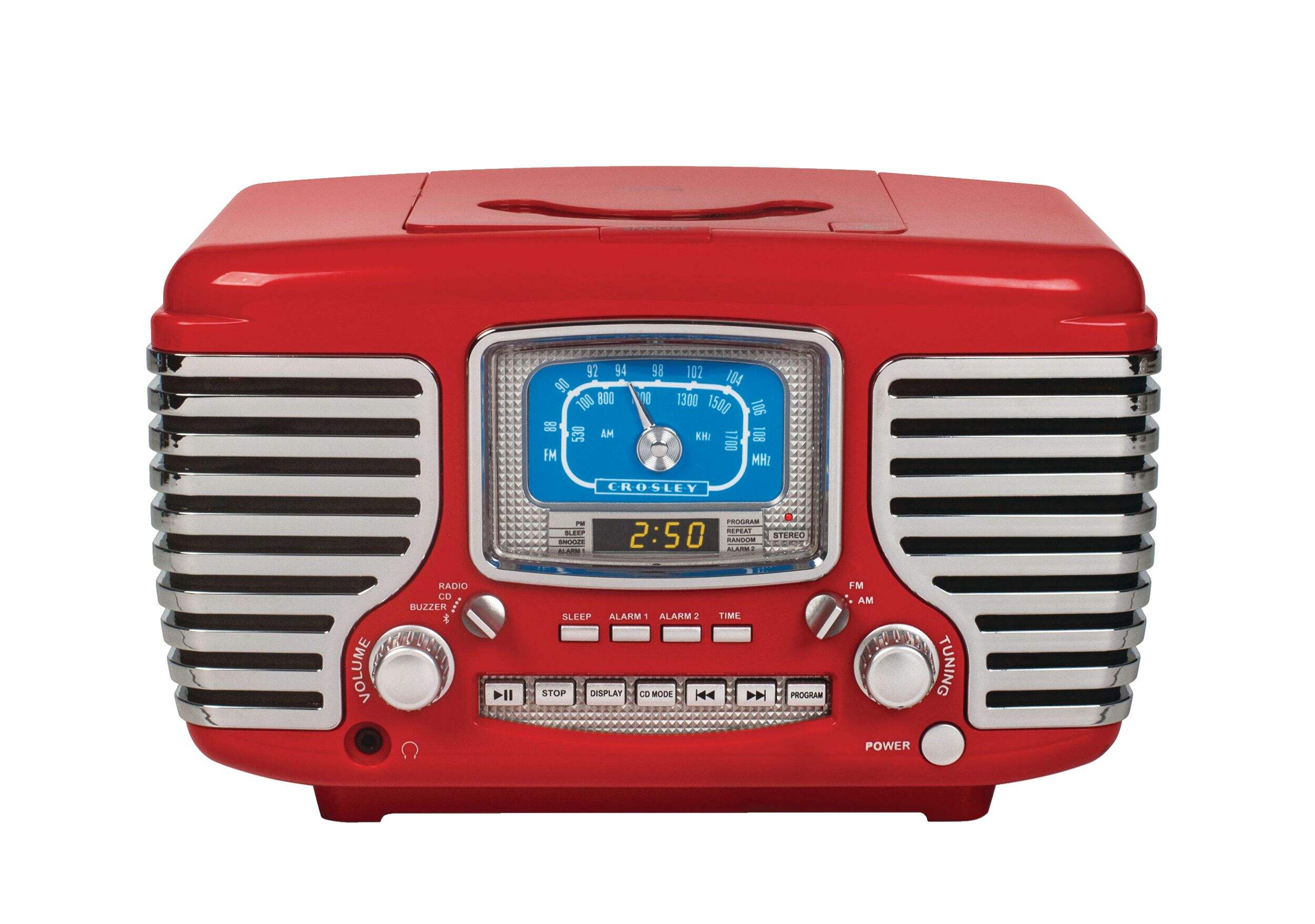 Radio AM/FM et lecteur de CD Crosley Corsair avec réveil à 2&nbsp;sonneries, Bluetooth et entrée auxiliaire, rouge Front_Elevated