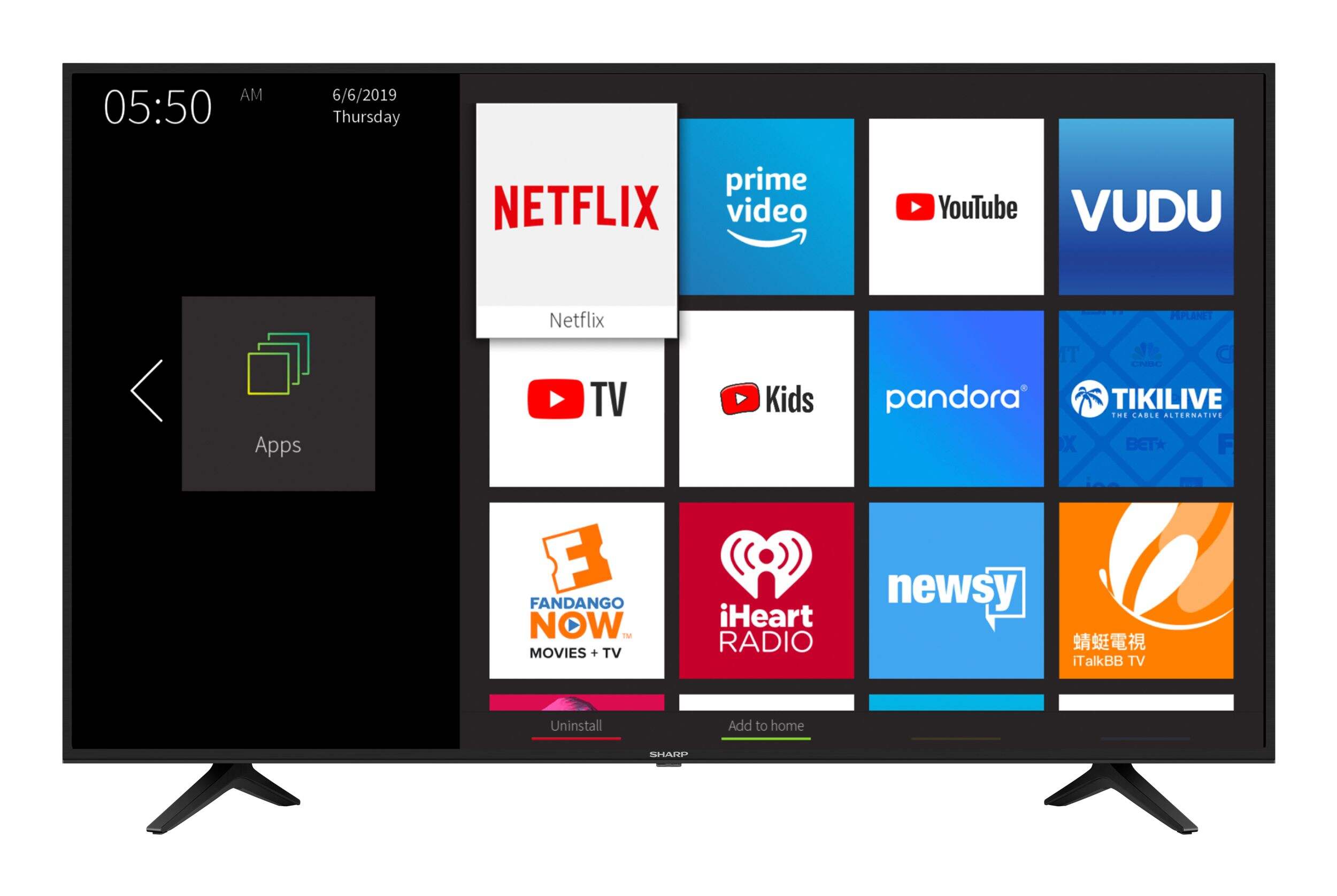 Sharp 50-in LC-50N70004U 4K LED Smart TV w/ Wi-Fi, UHD Upscaler, HDR 10, Amazon Alexa Enabled Front_Flat