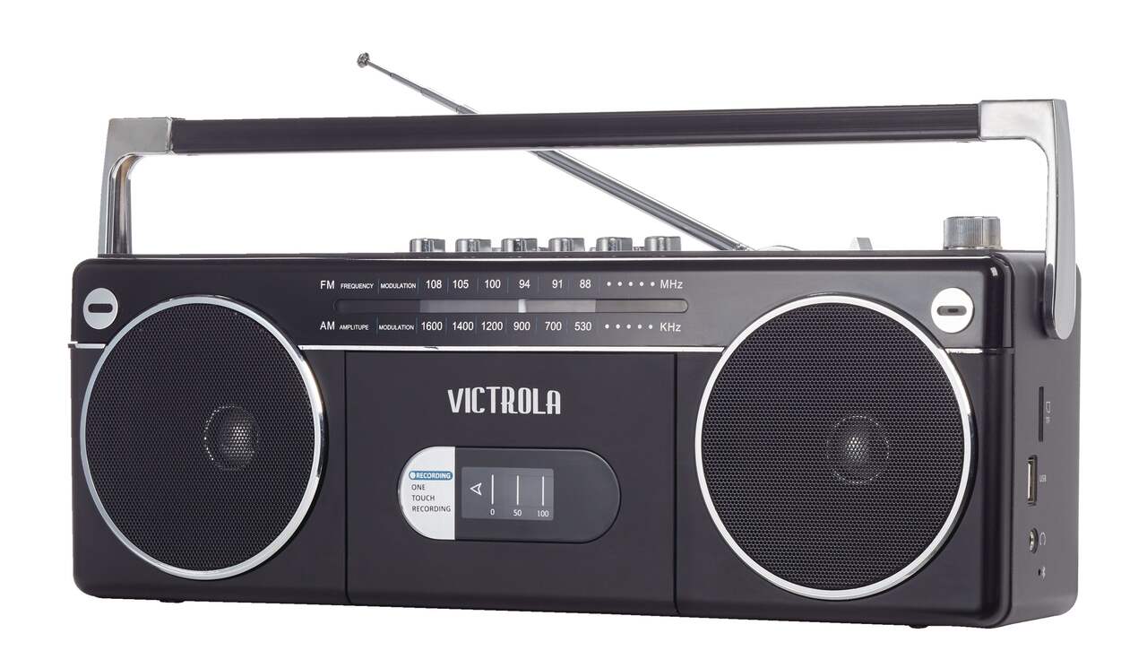 Minichaîne portative sans fil Bluetooth rétro Victrola avec lecteur de  cassettes, radio AM/FM et entrée MP3