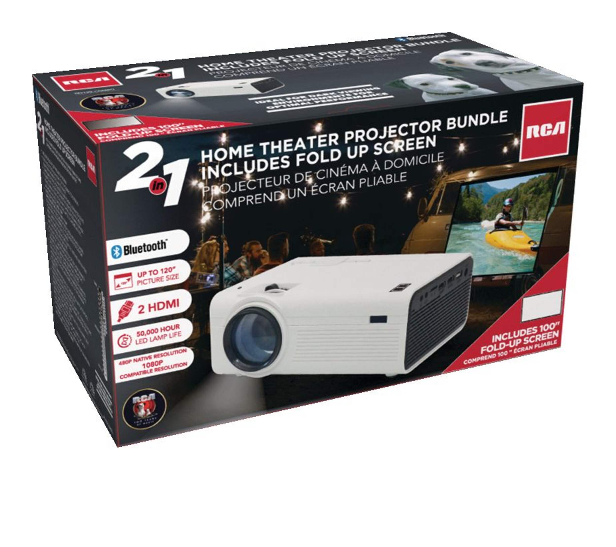 RCA Bluetooth 5.0 LED Home Theatre Projector Bundle w/ FoldUp Screen