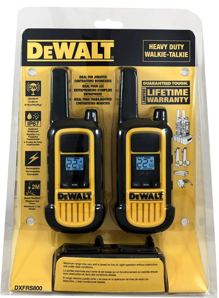 DEWALT 2-pk ALS-DXFRS800 GMRS 91.5-km Waterproof Rechargeable 2-Way Radio  with Holster, Yellow/Black Canadian Tire