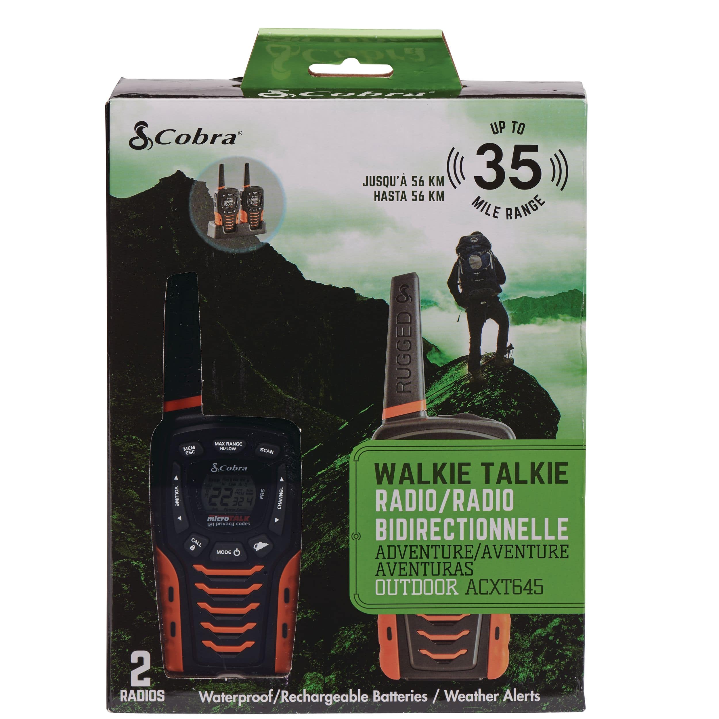 Cobra ACXT645 Waterproof Walkie Talkies for Adults Rechargeable, 22 Channels, Long Range 35-Mile Two-Way Radio Set (2-Pack), Black and Orange, 1.74 - 4