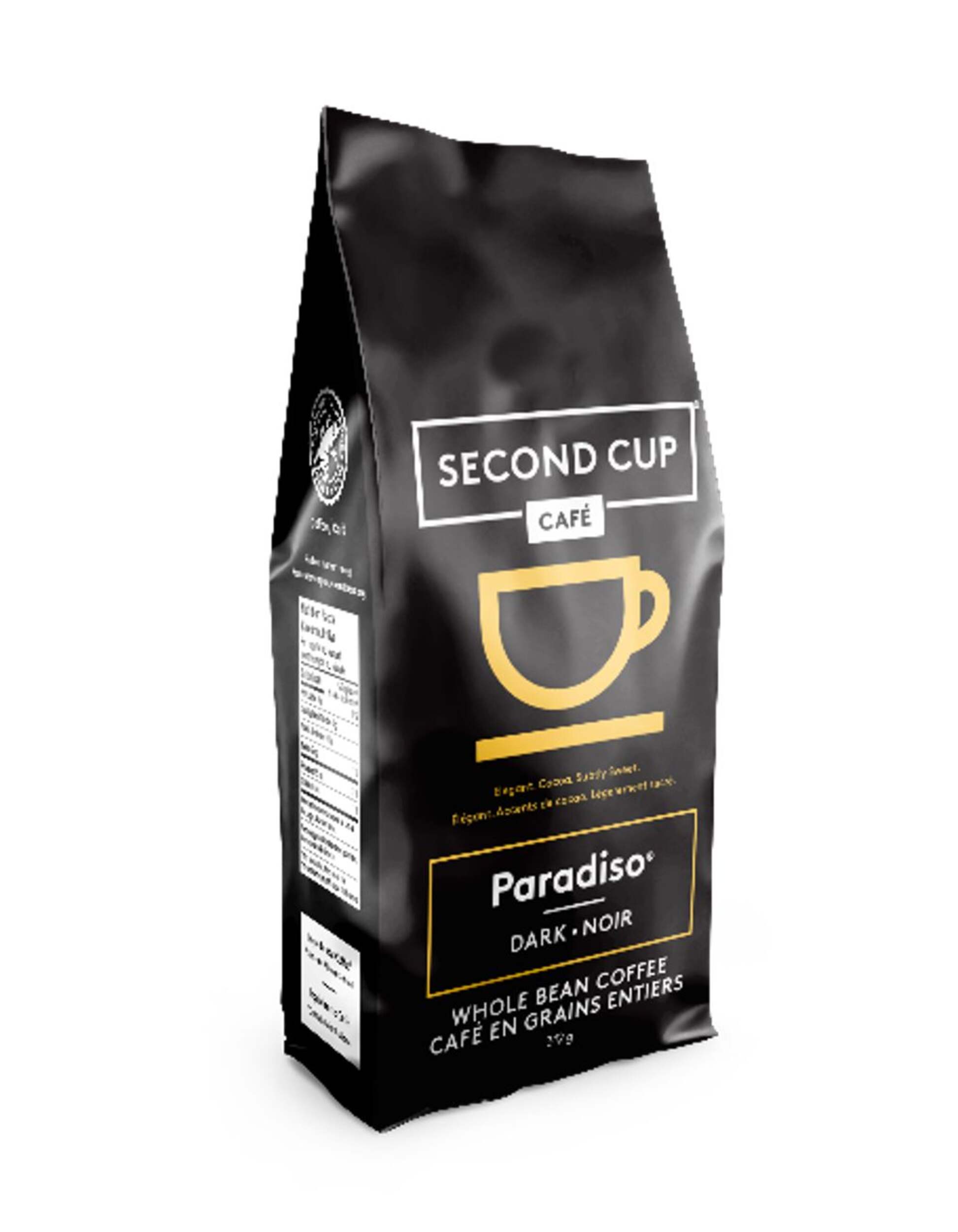 Second Cup Paradiso Dark Roast, Whole Bean Coffee, 312-g Front_Three_Fourths_Angled_Right