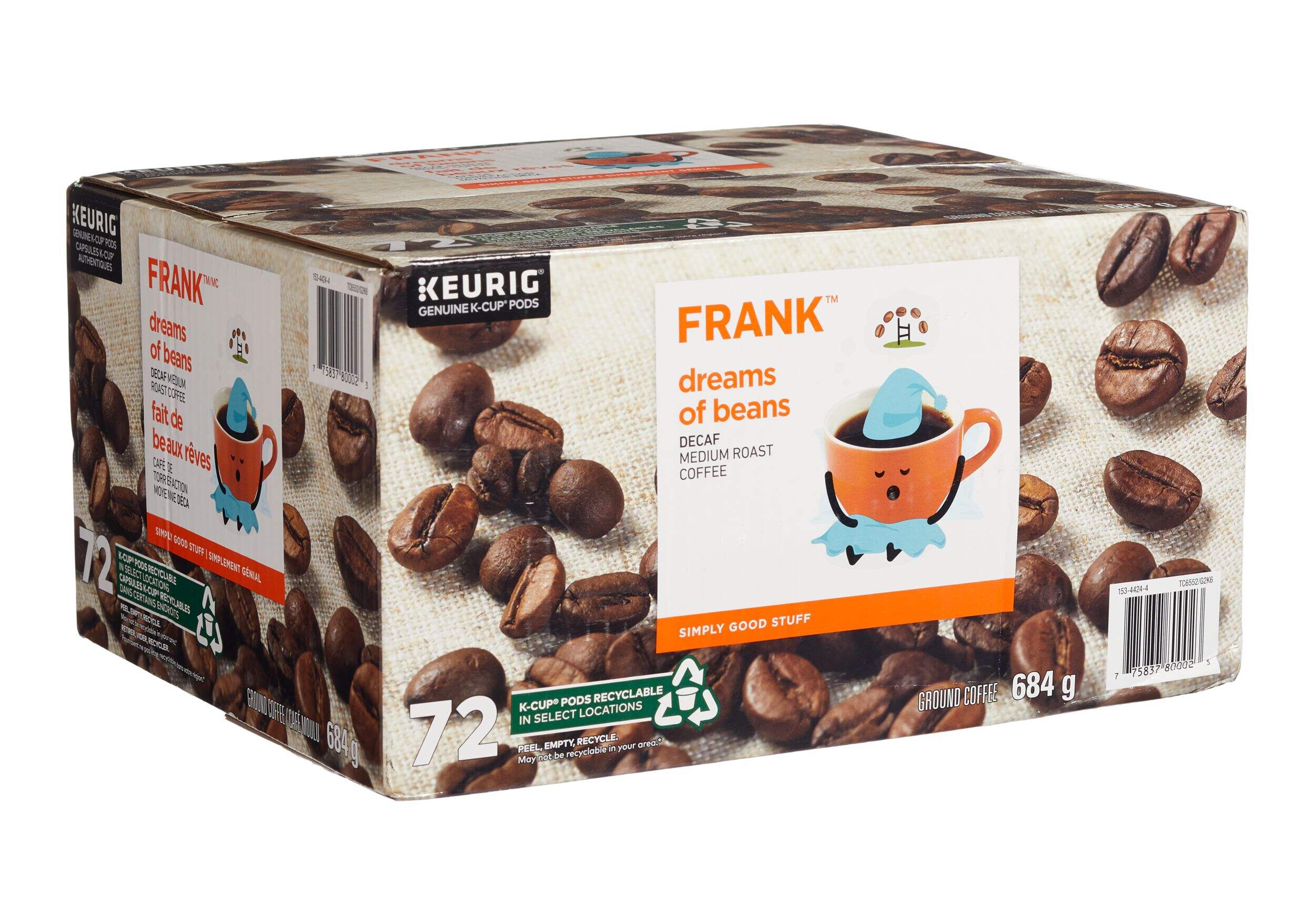 FRANK Dreams of Beans, Decaf Medium Roast K-Cup® Coffee Pods, Keurig Compatible, 684-g, 72-pk Front_Three_Fourths_Angled_Right