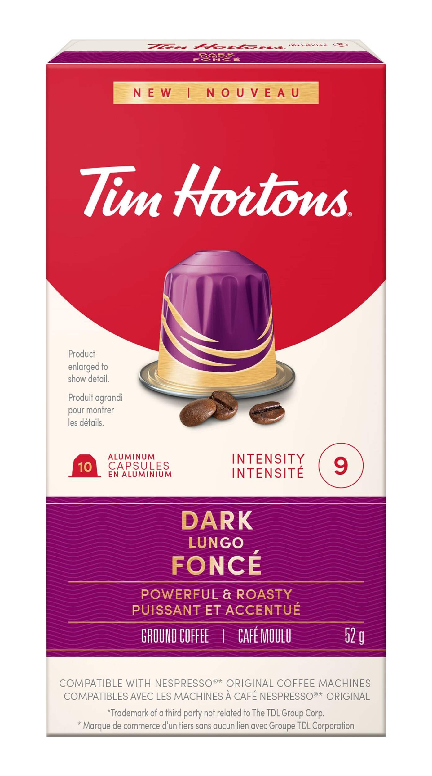 Tim Hortons Dark Lungo, Nespresso Compatible Coffee Capsules, 10-pk Front_Flat