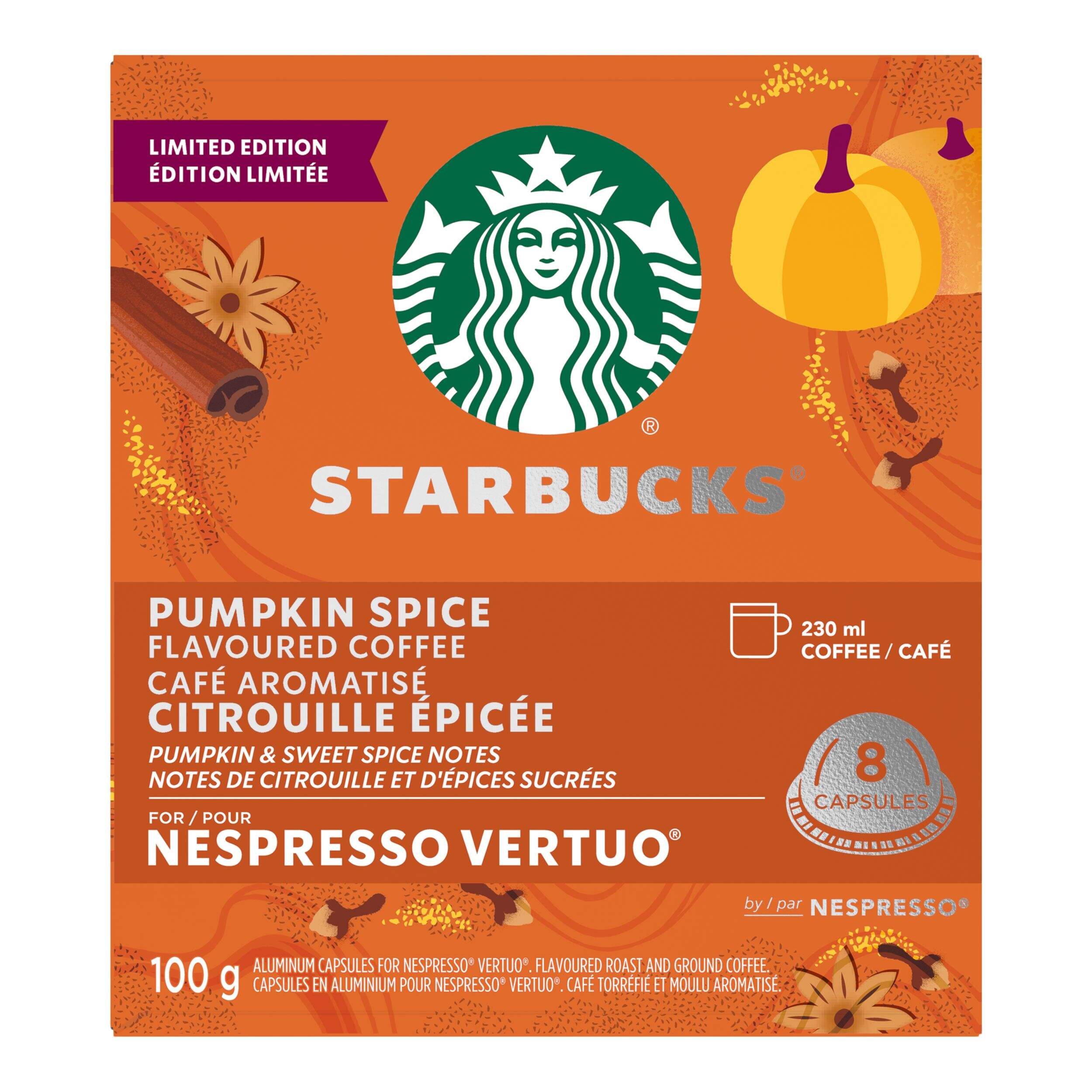 Nespresso Starbucks Vertuo Limited Edition Pumpkin Spice Coffee Capsules, 100-g, 8-pk Front_Flat