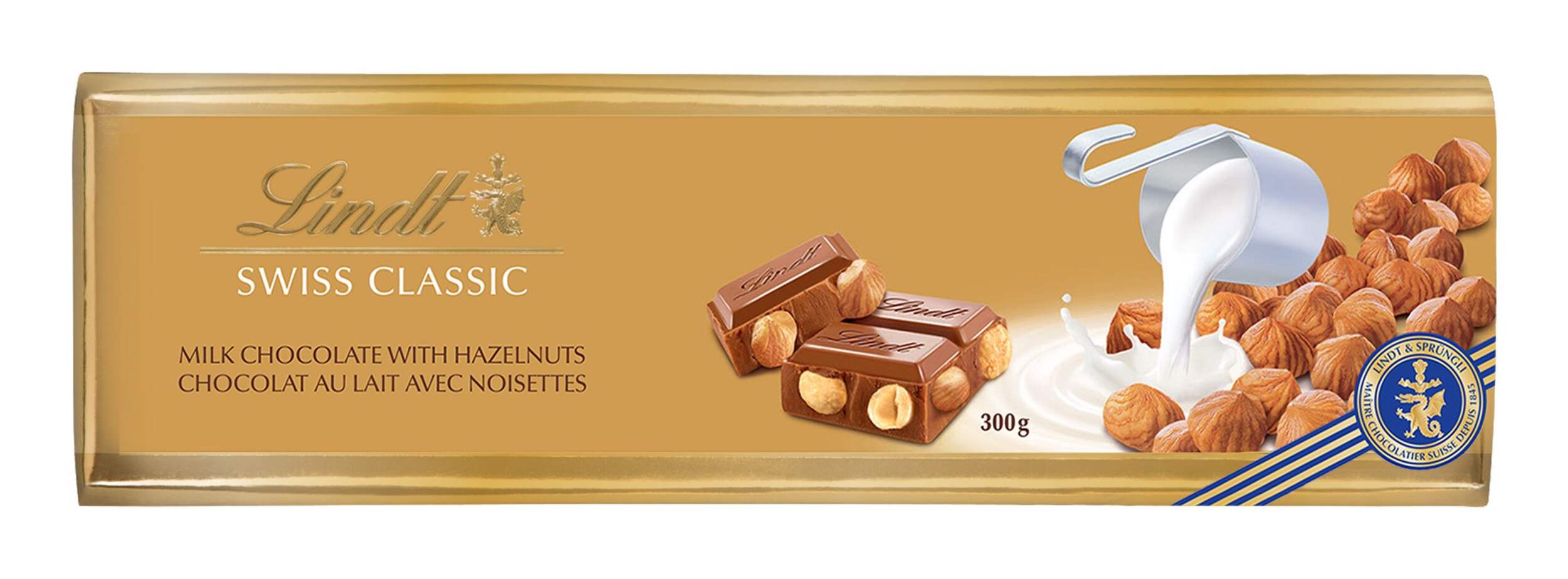 Lindt Swiss Classic Milk Chocolate with Hazelnuts, 300-g Front_Elevated