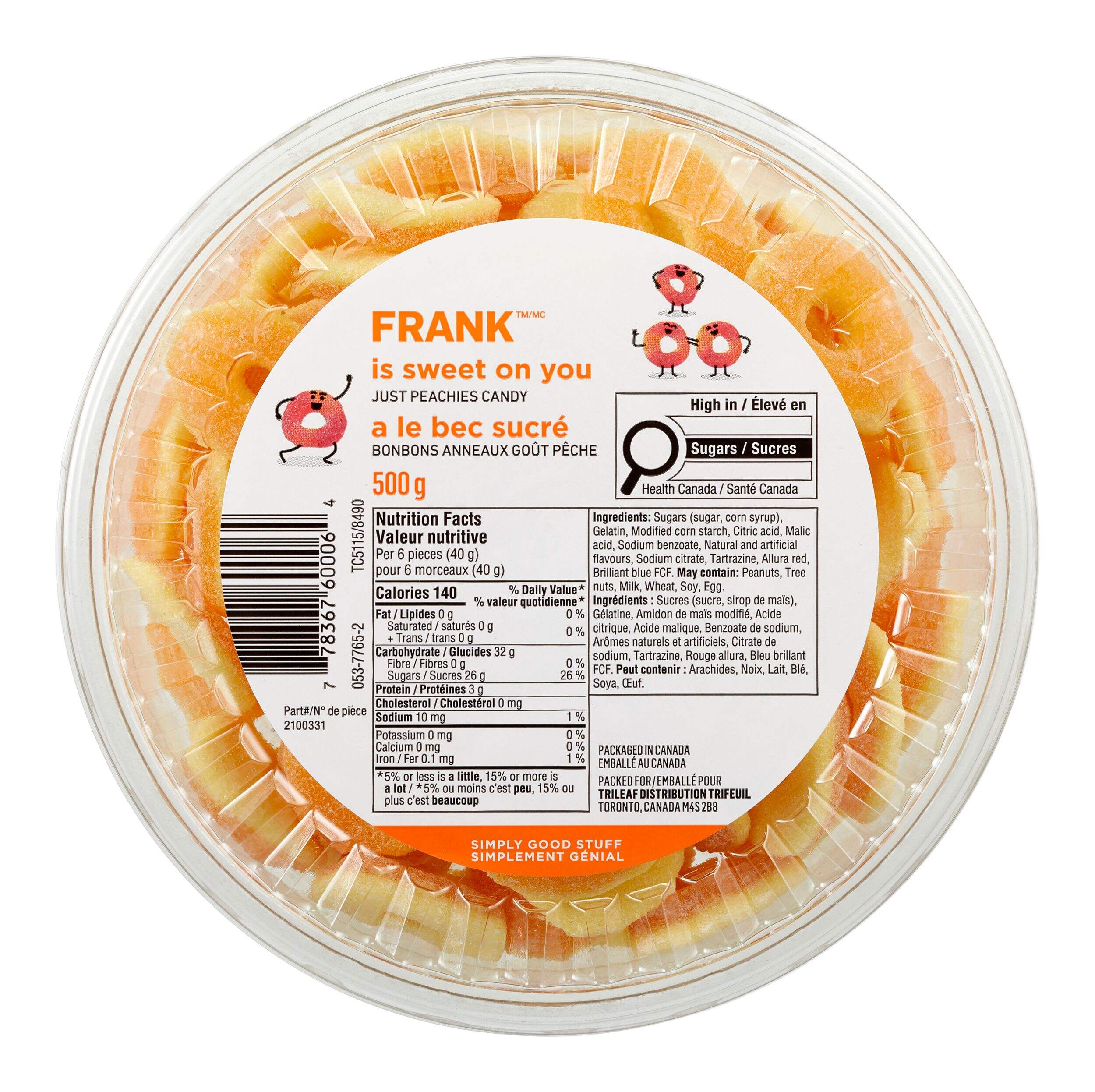 FRANK Peach Ring Candy Tub, 500-g Overhead_Flat