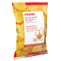 FRANK Maple Bacon Rippled Potato Chips, 200-g Front_Three_Fourths_Angled_Right