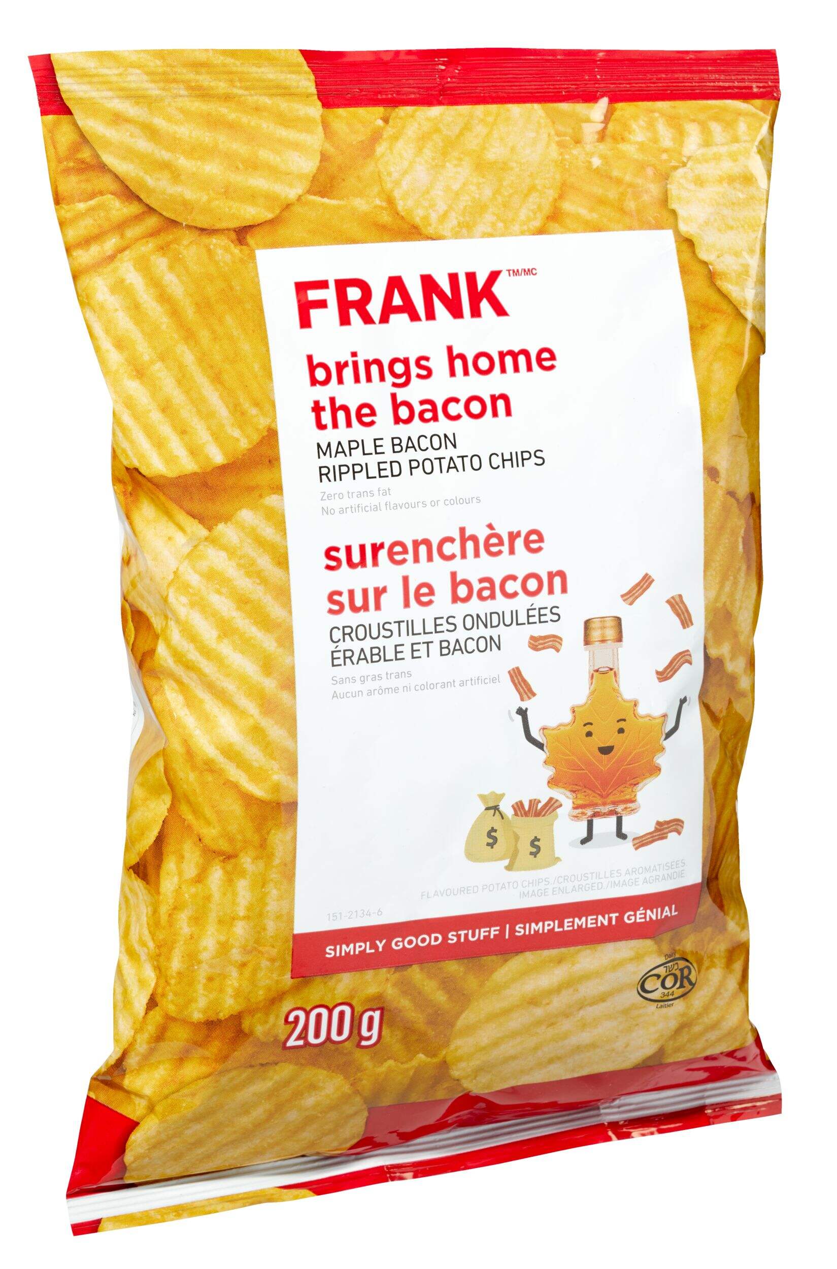 FRANK Maple Bacon Rippled Potato Chips, 200-g Front_Three_Fourths_Angled_Right