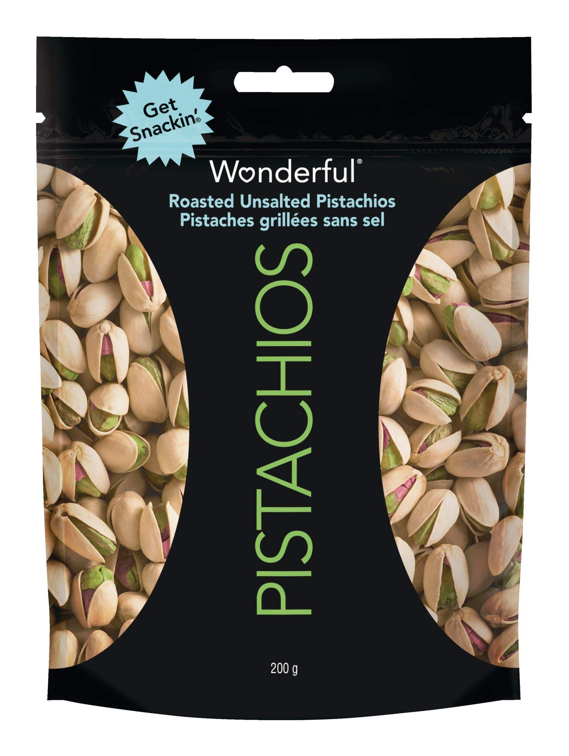 Pistaches en écales grillées et non salées Wonderful, 200 g Front_Flat