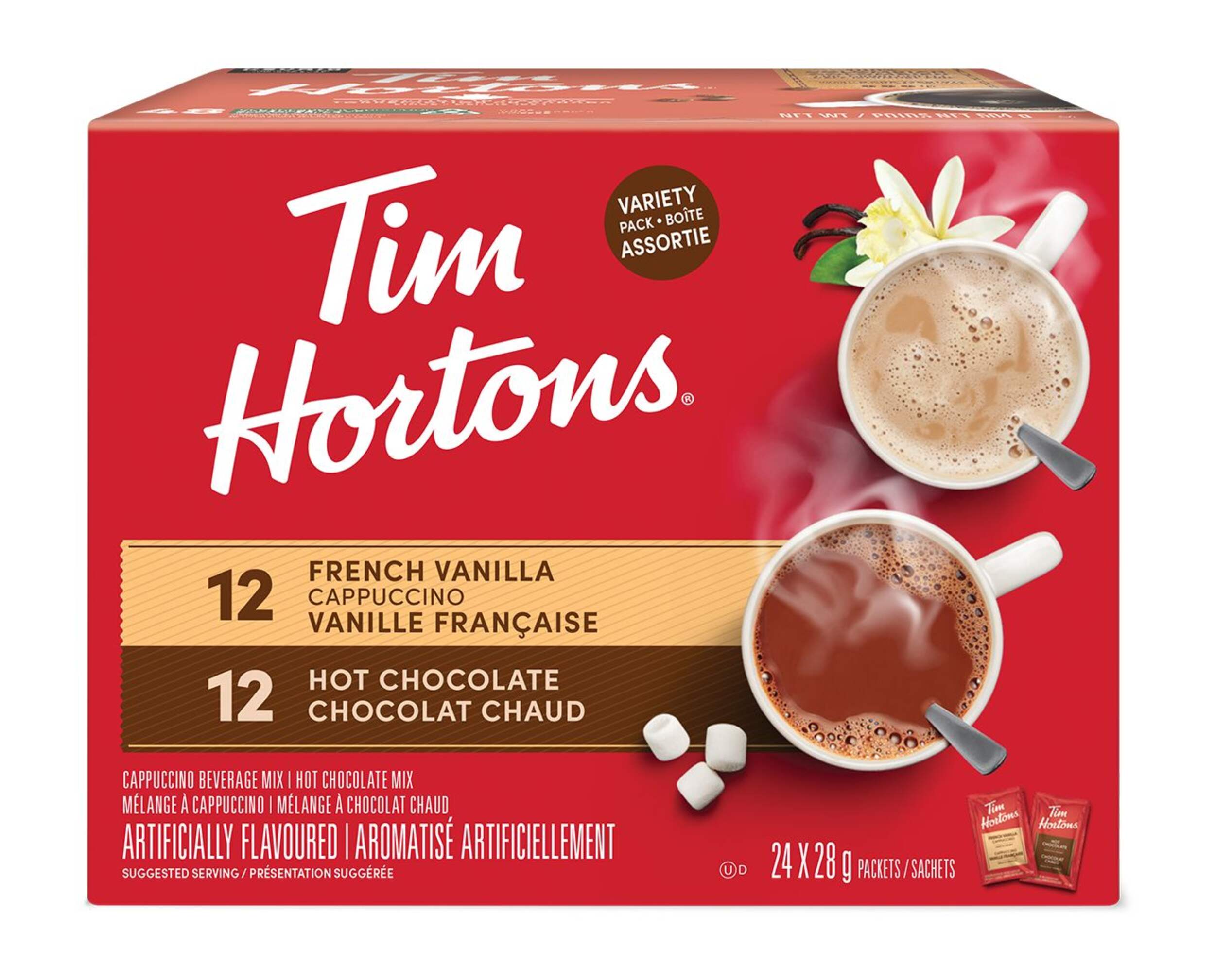 Tim Hortons Hot Chocolate & French Vanilla Cappuccino Mix Variety Pack, 24-pk Front_Elevated