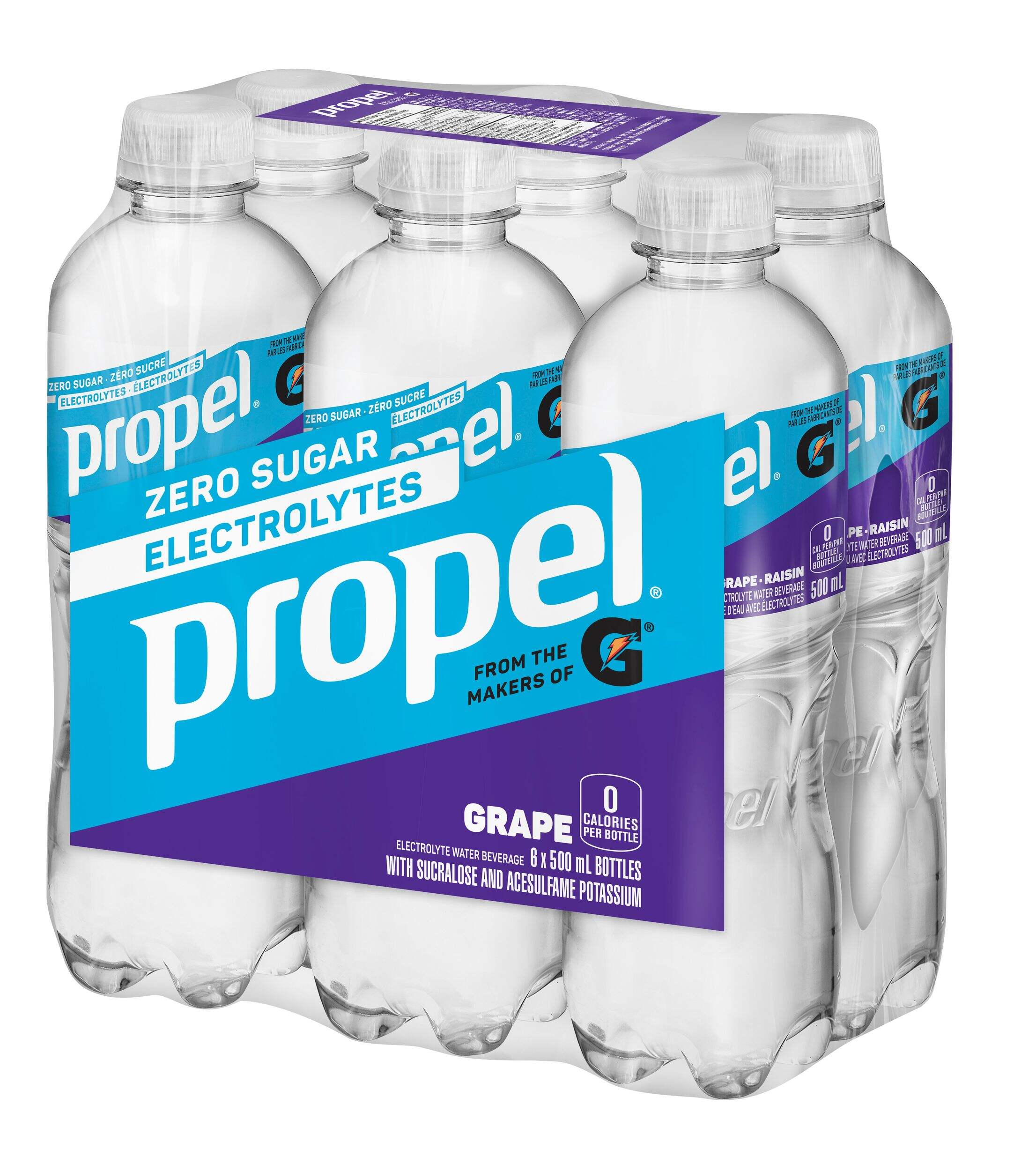 Propel Electrolyte Water Beverage, Grape, 500-mL, 6-pk Front_Three_Fourths_Angled_Left