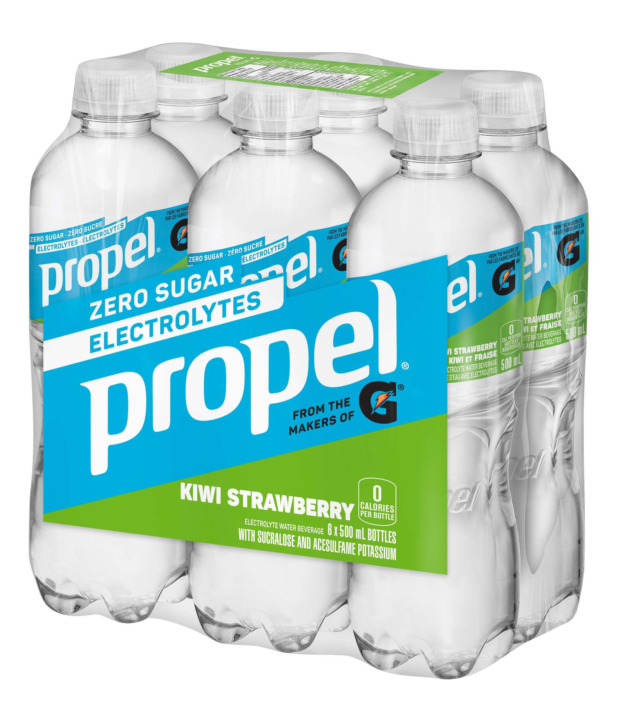 Propel Electrolyte Water Beverage, Strawberry Kiwi, 500-mL, 6-pk Front_Three_Fourths_Angled_Left