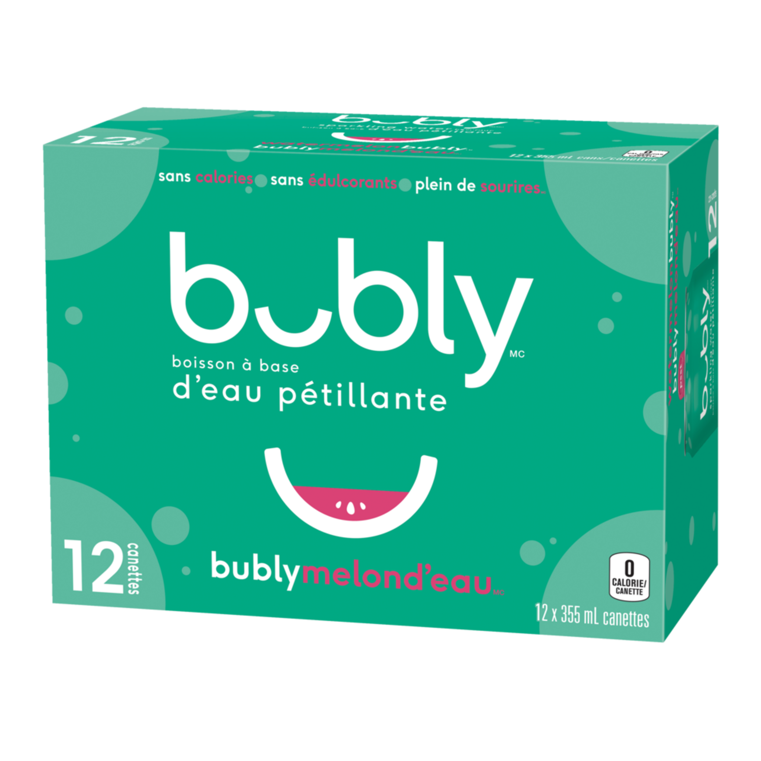 Eau pétillante Bubly, Melon d'eau, 355 mL, paq. 12 Front_Angled_Left