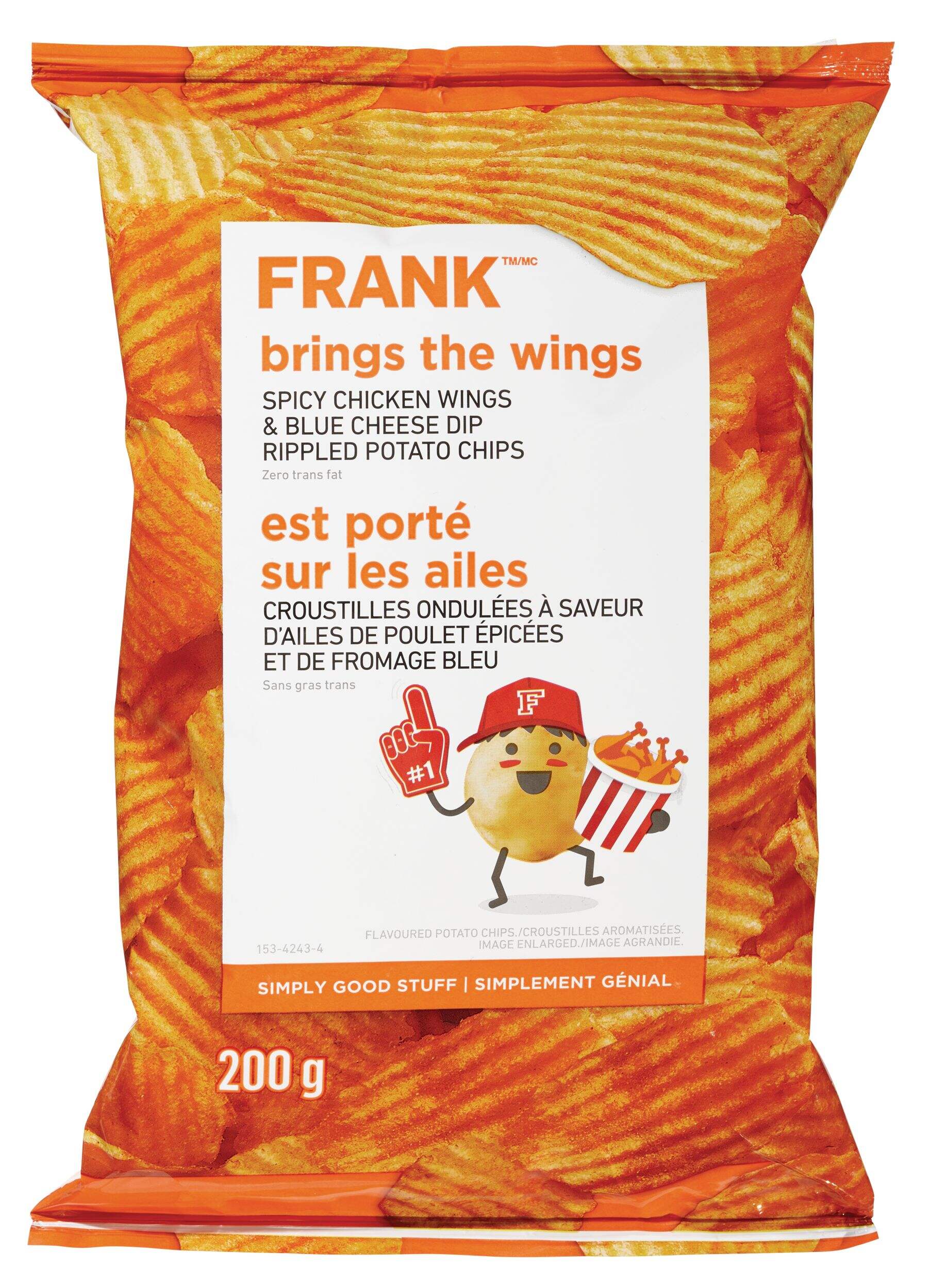 Croustilles ondulées Frank, ailes de poulet épicées et fromage bleu, 200 g Front_Flat