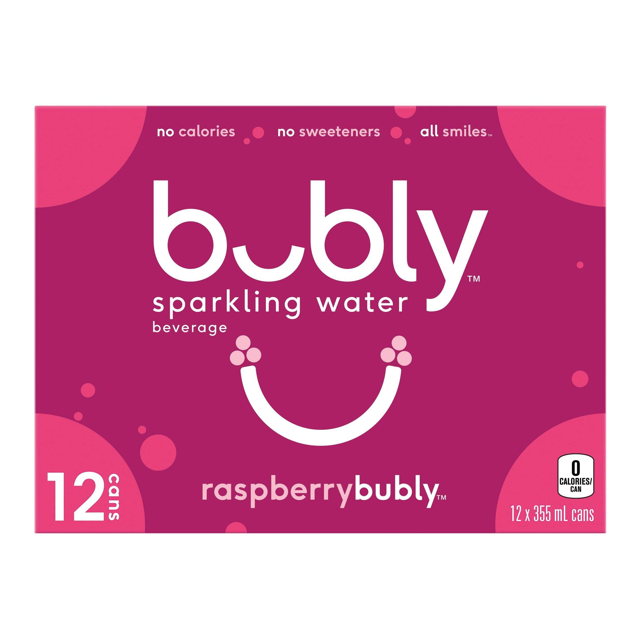 bubly Raspberry Sparkling Water, 355-mL, 12-pk Front_Flat