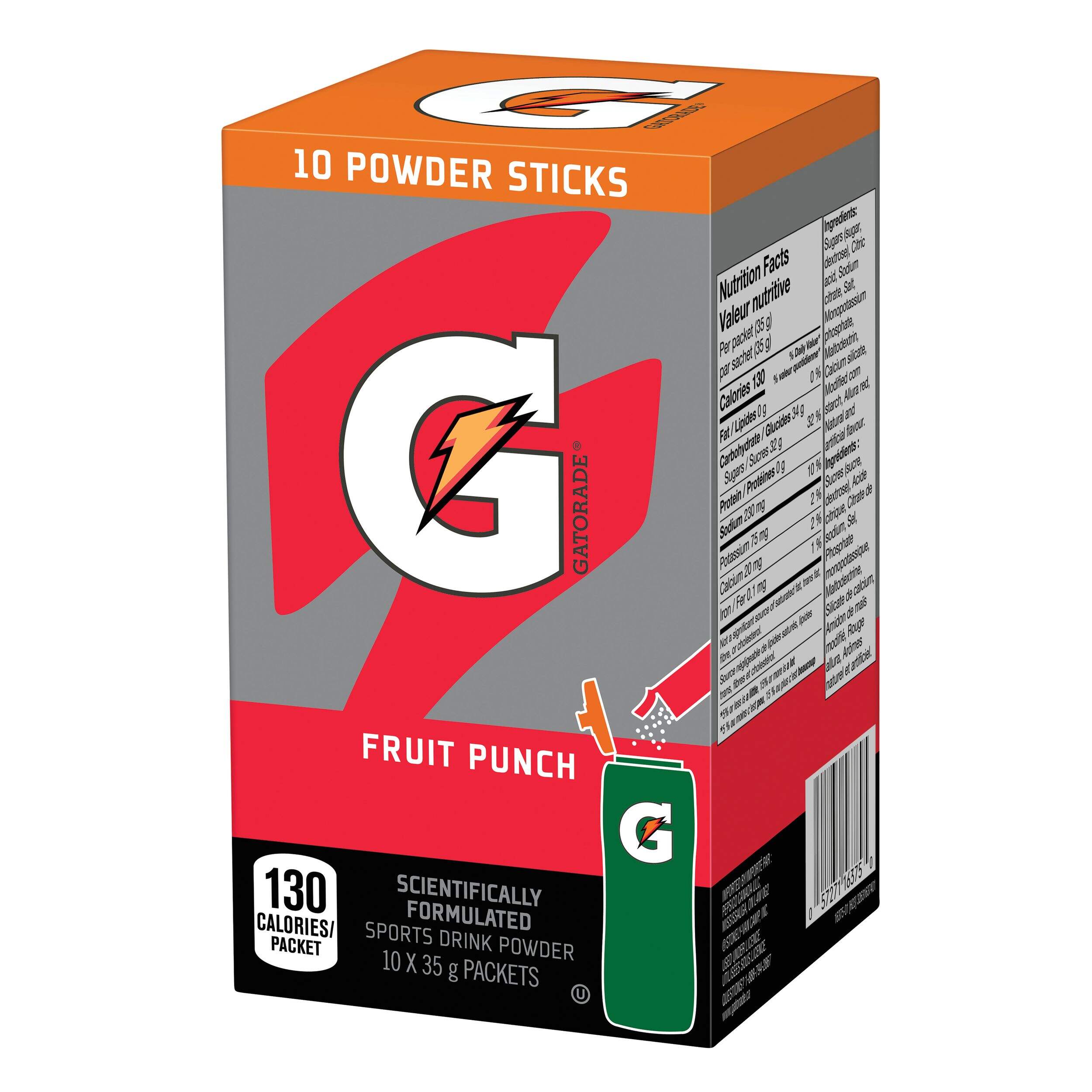 Gatorade Fruit Punch Powder Sticks, 10-pk Front_Three_Fourths_Angled_Left