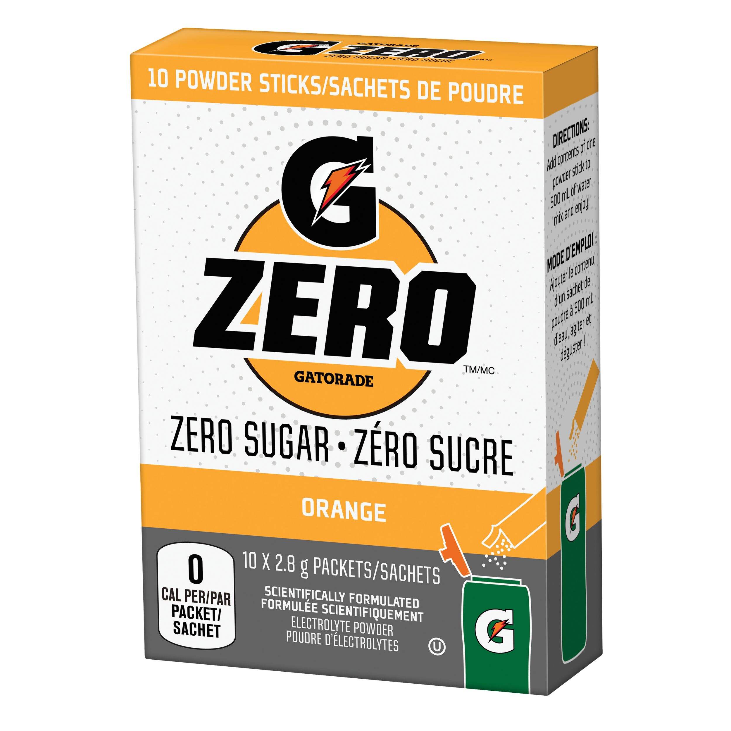 Gatorade Zero Orange Powder Energy/Sports Sticks, 10-pk Front_Three_Fourths_Angled_Left