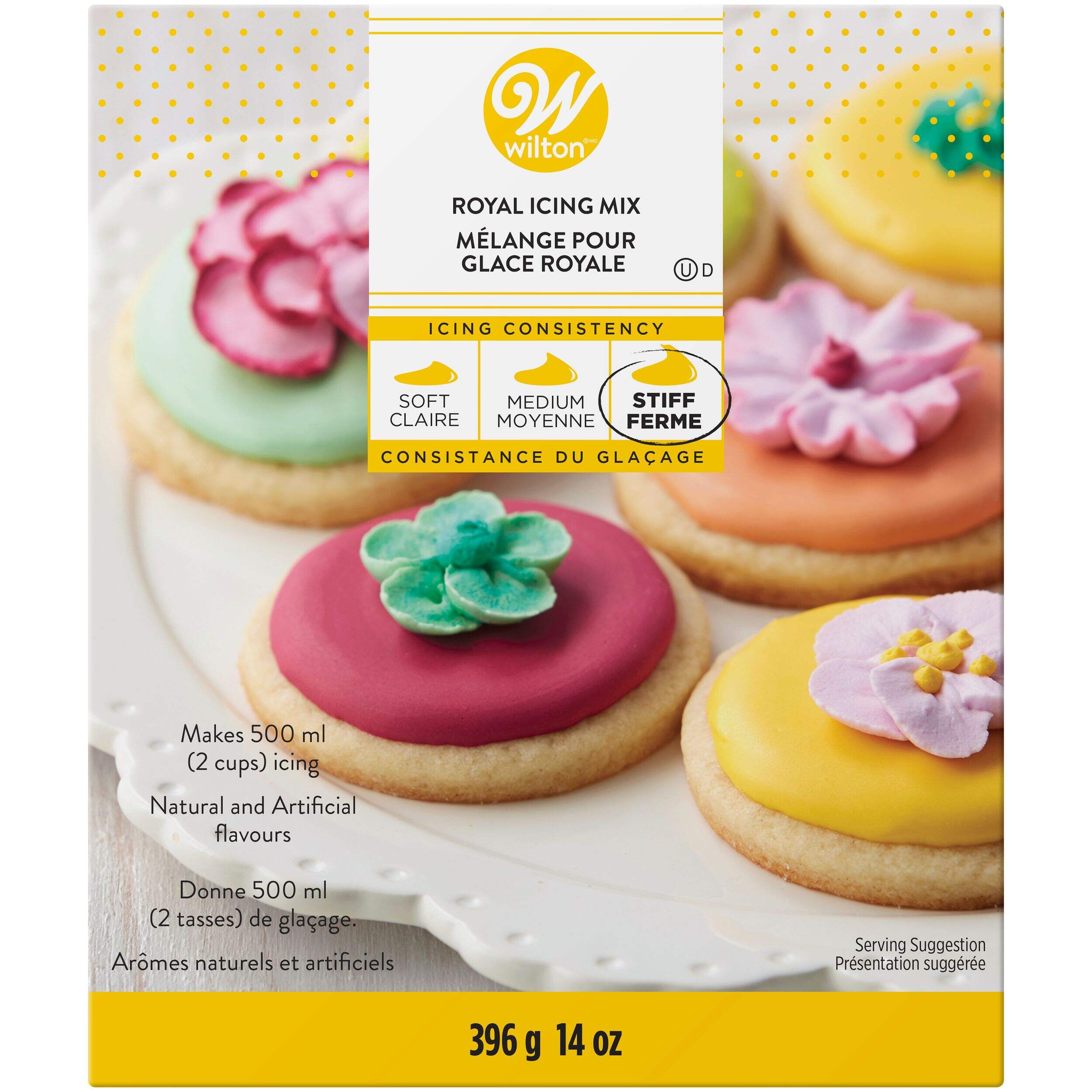Mélange à glaçage décoratif comestible Wilton Royal Stiff, blanc, 14 oz, aromatisé à la vanille artificiel, pour cuisson/décoration de gâteau Front_Flat