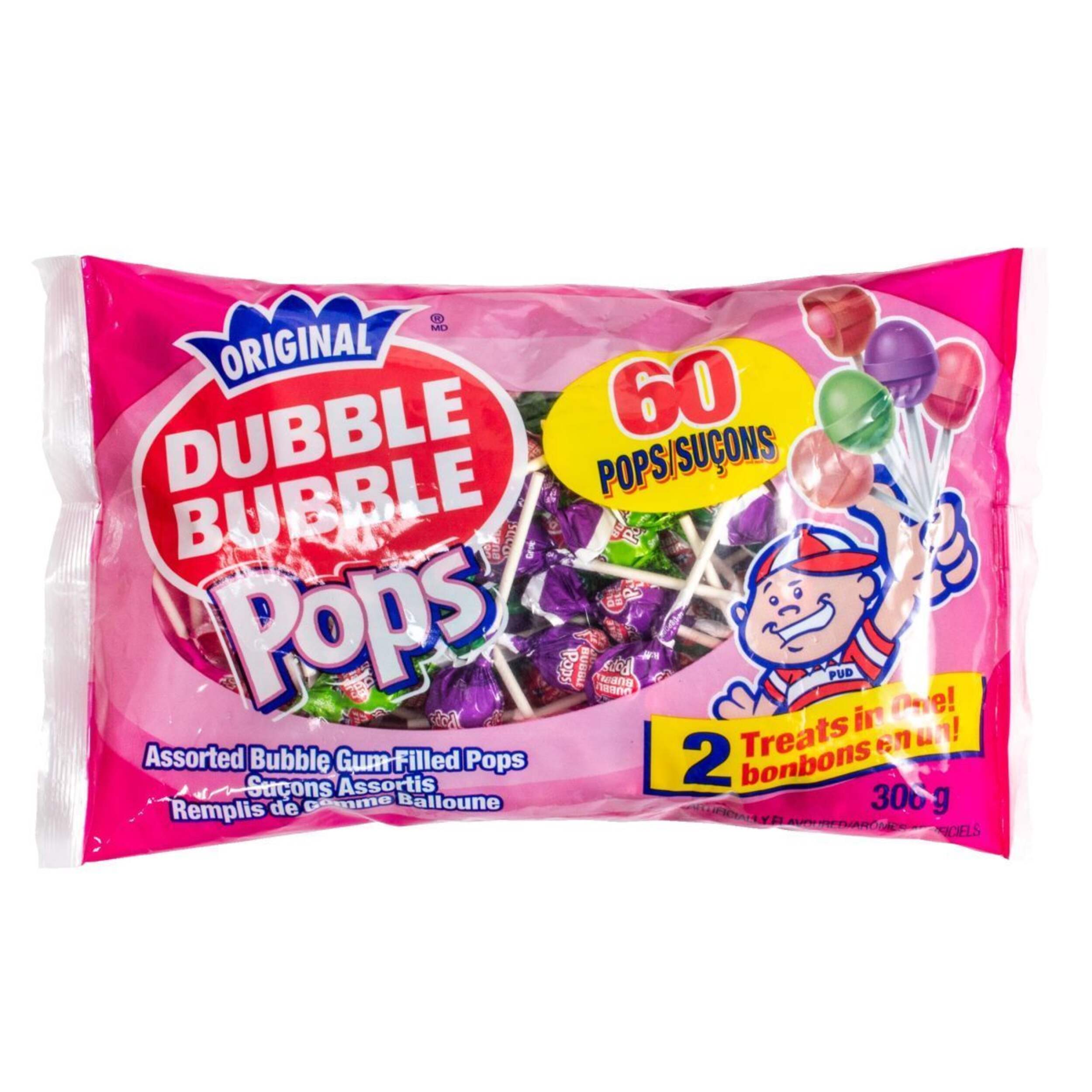 Dubble Bubble Gum Lollipops, Assorted Flavours, Multi-Coloured, 60-pk, Hard Candy, for Birthday/Party Favour/Halloween, Bubble Gum Lollipops Front_Flat
