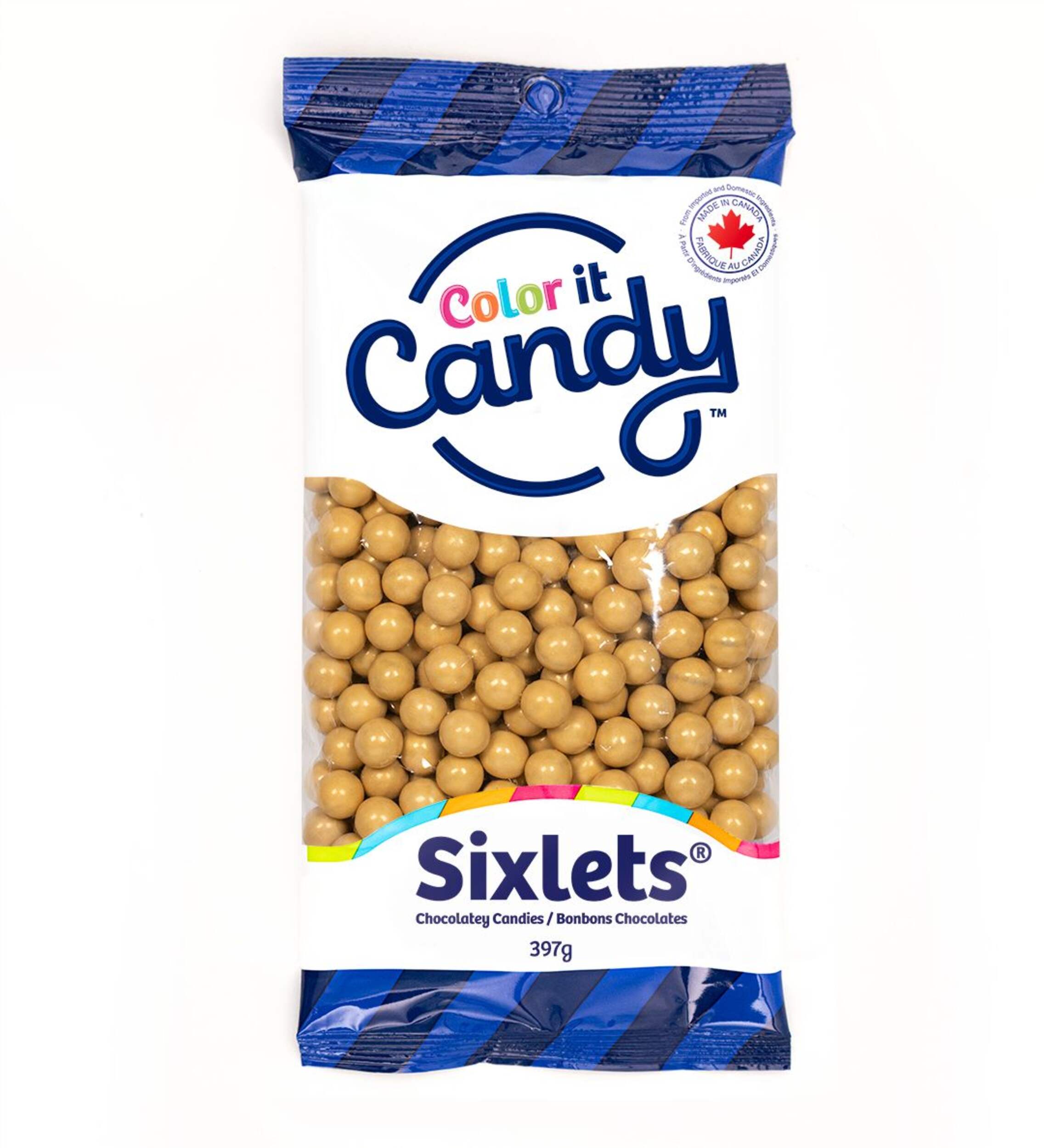Petits bonbons chocolatés Sixlets Color It Candy, chocolat au lait, doré, 397 g, pour fête d'anniversaire/cadeau-surprise Front_Flat
