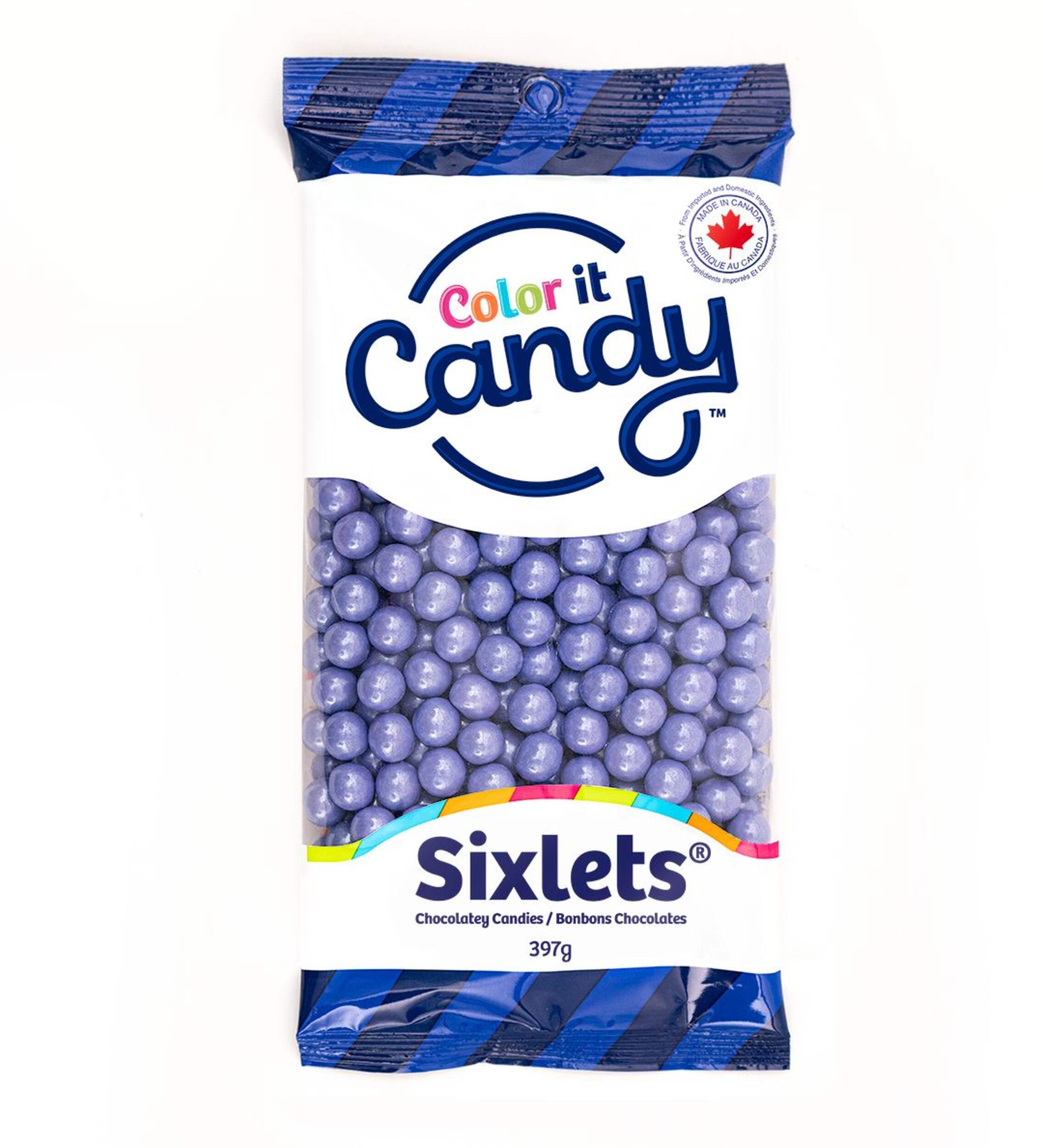 Petits bonbons chocolatés Sixlets Color It Candy, chocolat au lait, mauve, 397 g, pour fête d'anniversaire/cadeau-surprise Front_Flat