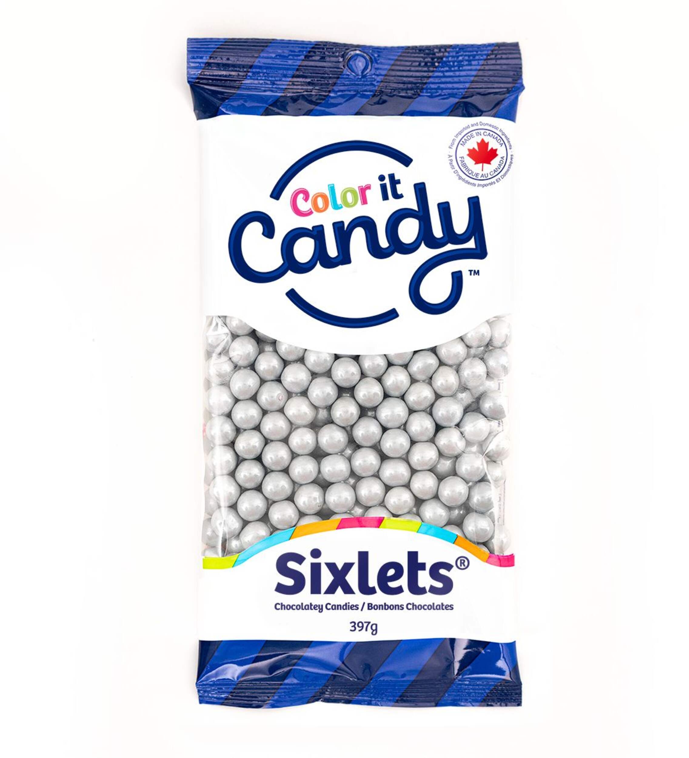 Petits bonbons chocolatés Sixlets Color It Candy, chocolat au lait, argenté, 397 g, pour fête d'anniversaire/cadeau-surprise Front_Flat