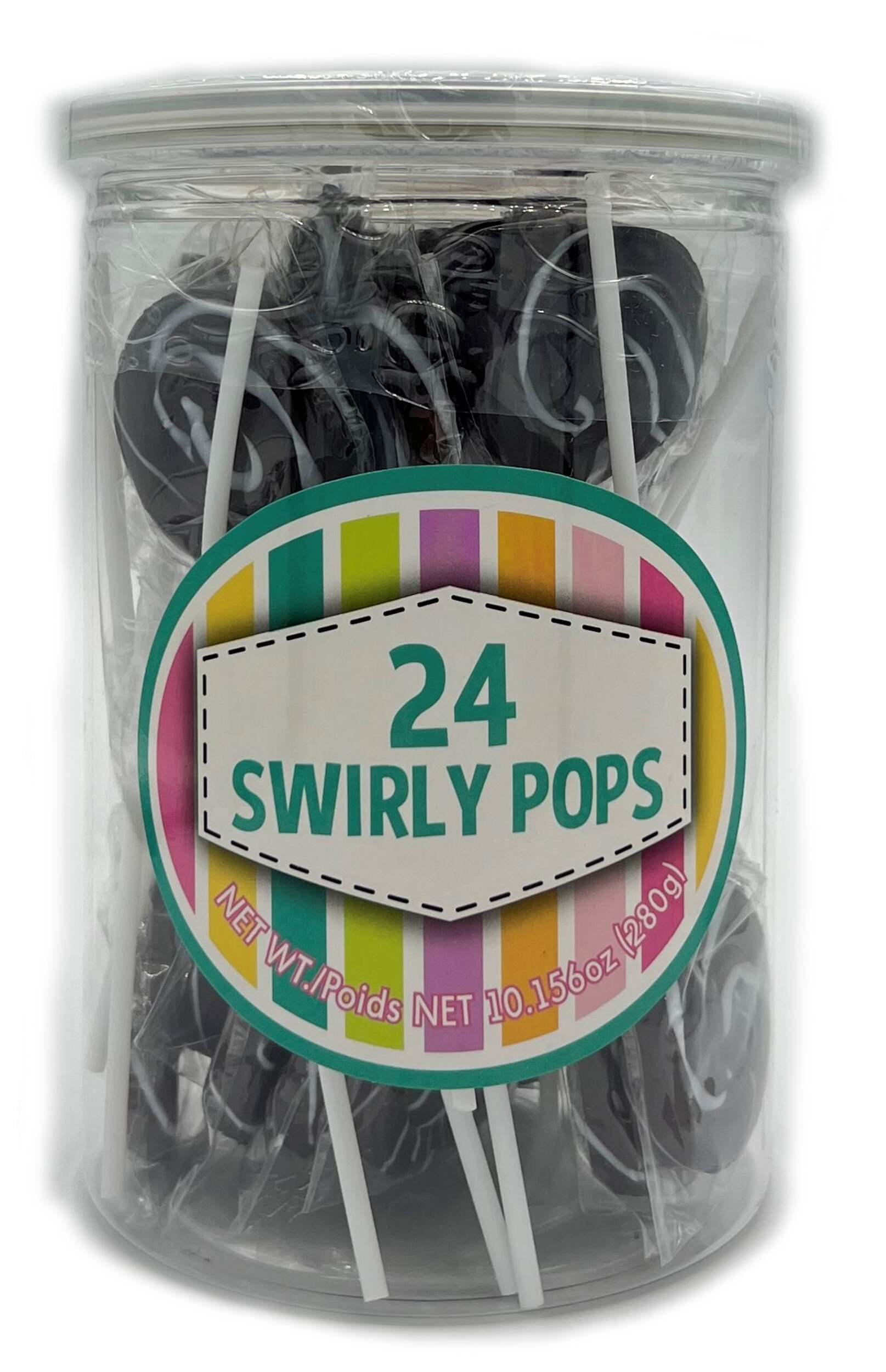 Swirly Lollipops, Black Cherry, Black, 24-pk, Hard Candy, for Birthday/Party Favour, Black Cherry Lollipops Front_Flat