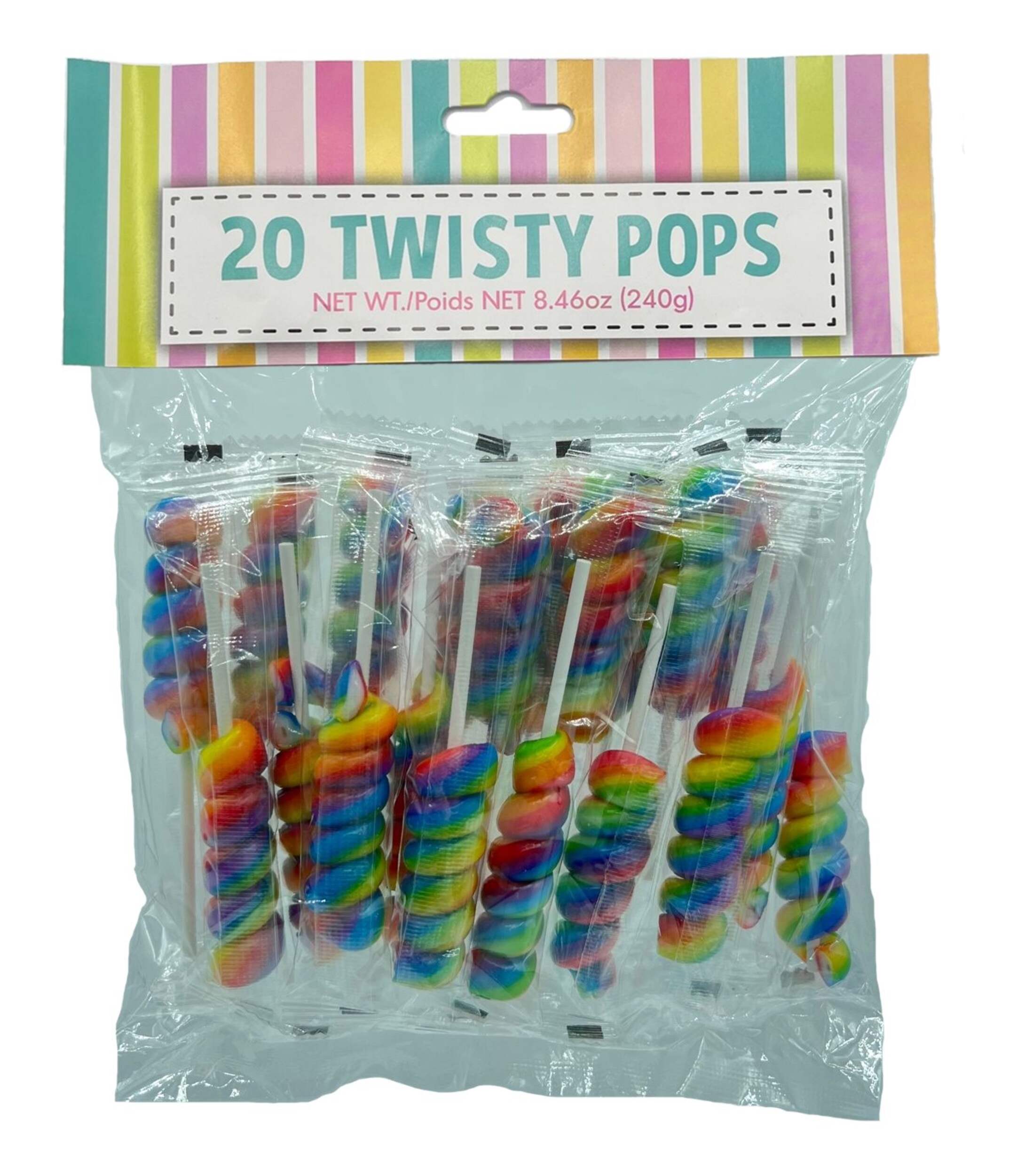 Swirl Lollipop Unicorn Stick, Assorted Flavours, Rainbow, 20-pk, Hard Candy, for Birthday/Party Favour Candy Front_Flat