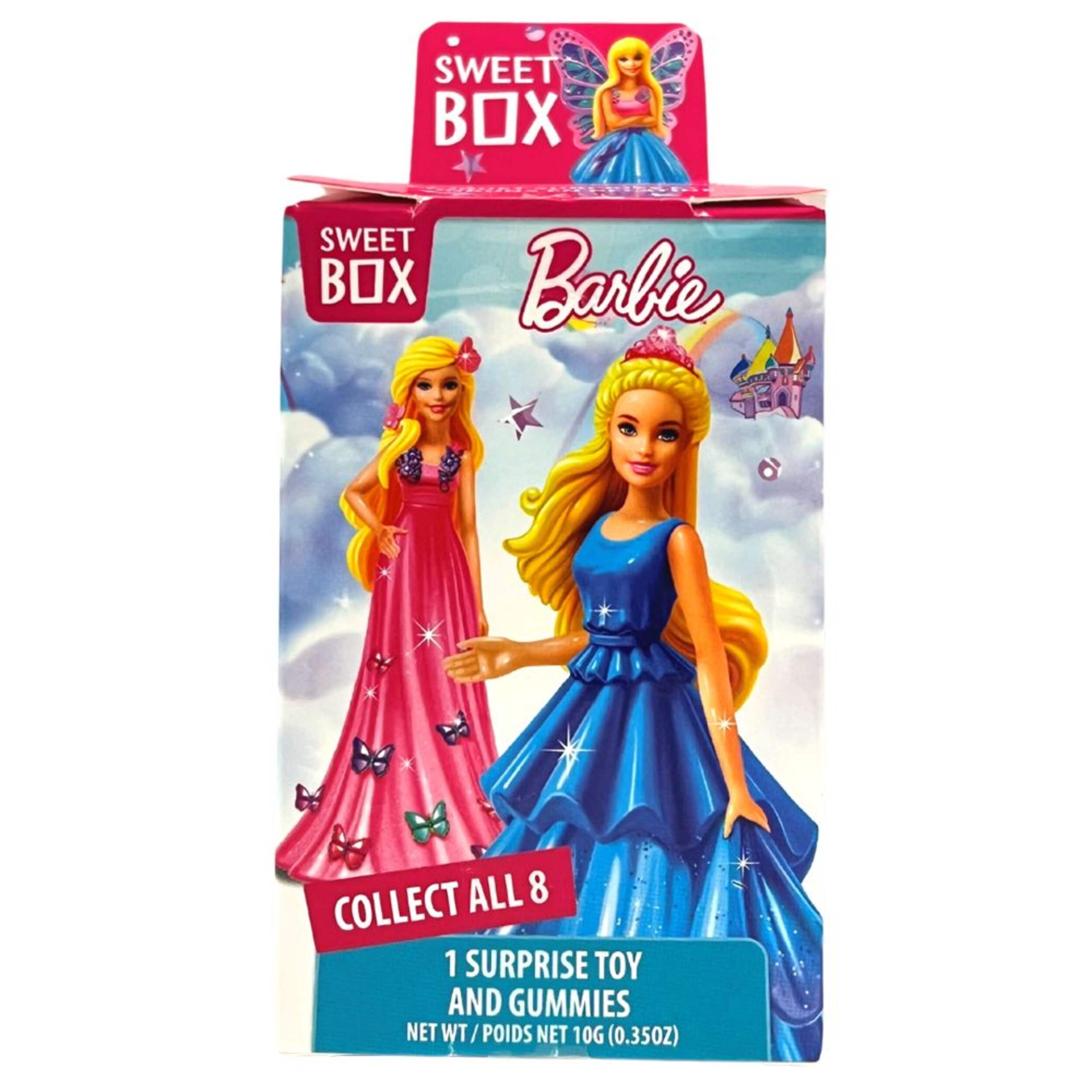 Mattel Barbie Surprise Sweet Box with Toy & Gummies, Assorted Flavours, Multi-Coloured, 10-g, Chewy Candy, for Birthday/Party Favour Front_Flat