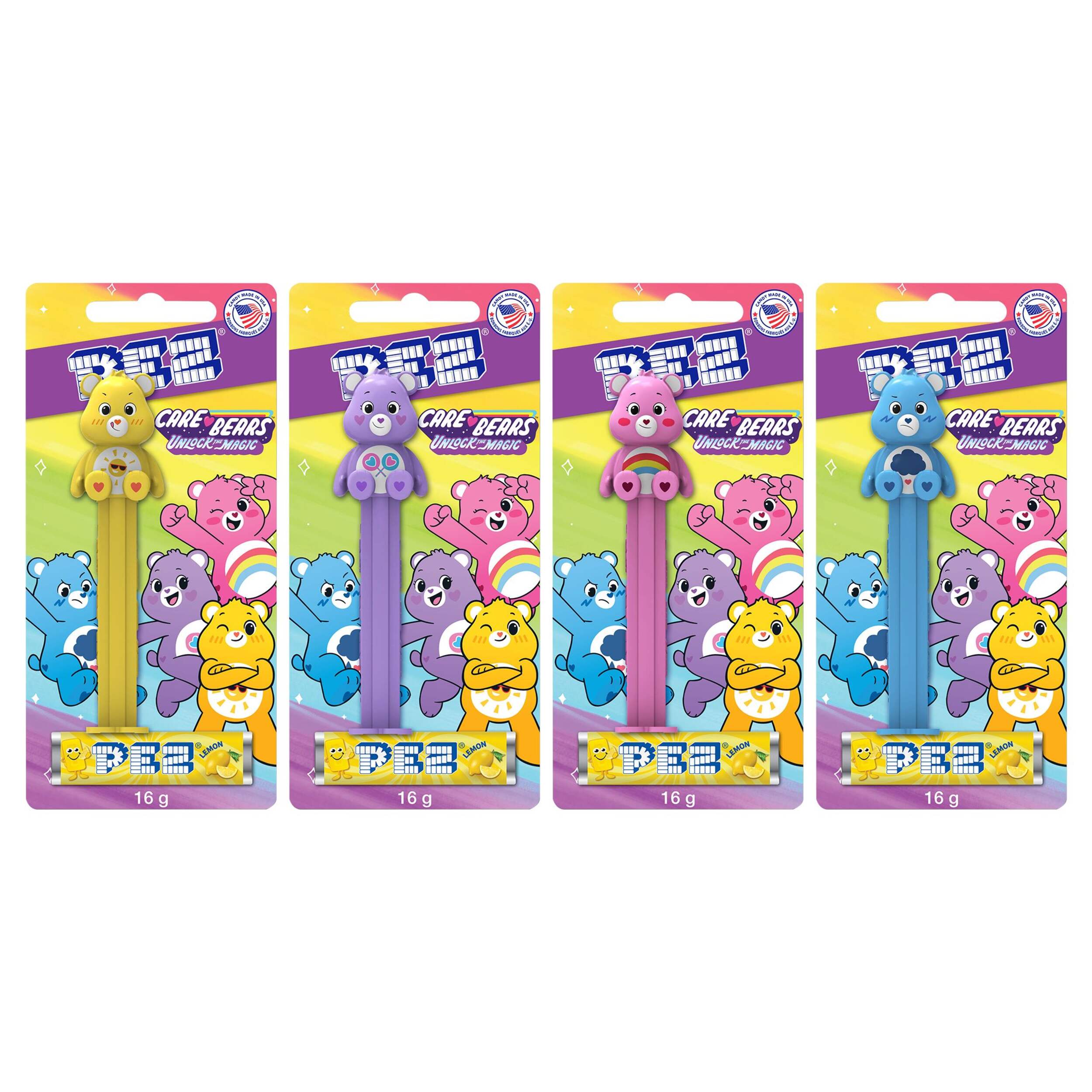Care Bears PEZ Dispenser, Lemon, Multi-Coloured, 16-g, Hard Candy, for Birthday/Party Favour Front_Flat