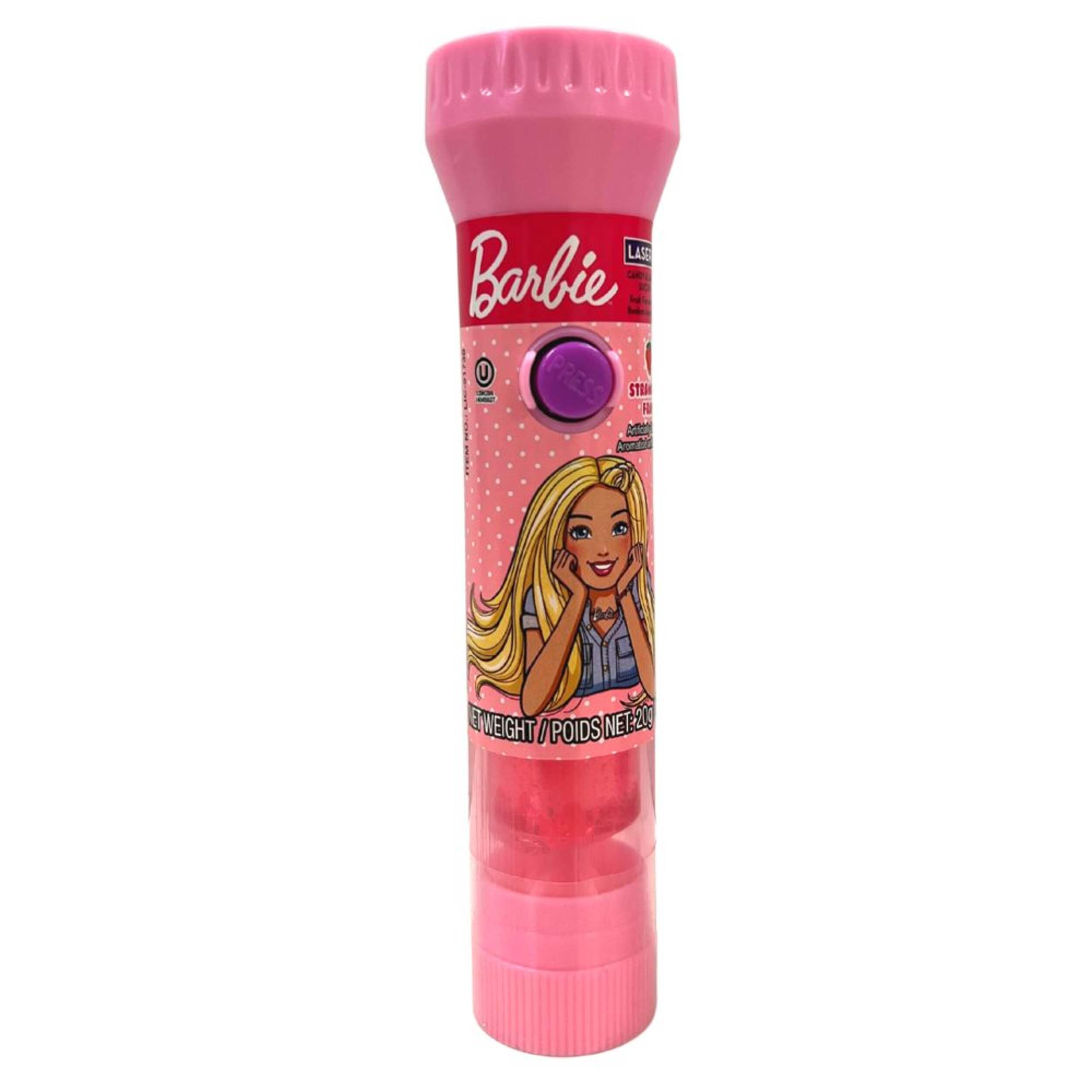 Mattel Barbie Laser Pop Lollipop, Assorted Flavours, Pink, 20-g, Hard Candy, for Birthday/Party Favour Candy Front_Flat