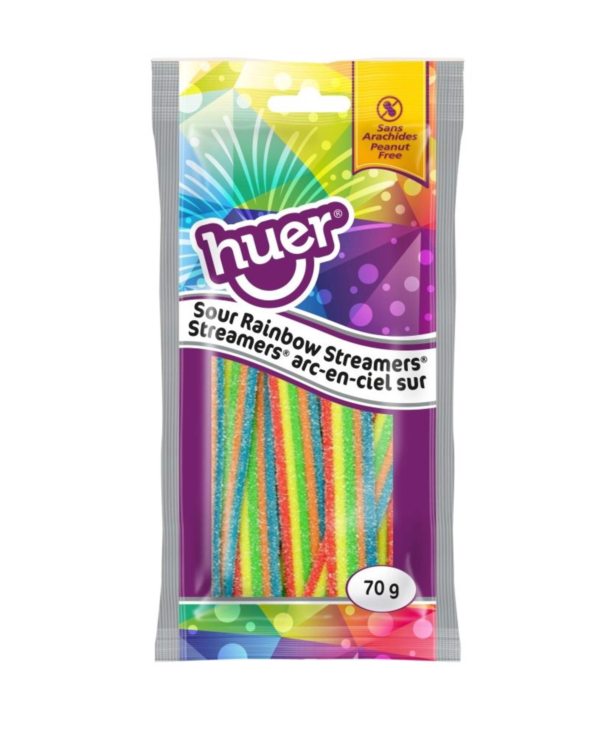 Sour Rainbow Streamer Gummy Strips, Assorted Fruits, Multi-Coloured, 70-g, Chewy Candy, for Multi-Coloured Party Favour Front_Flat