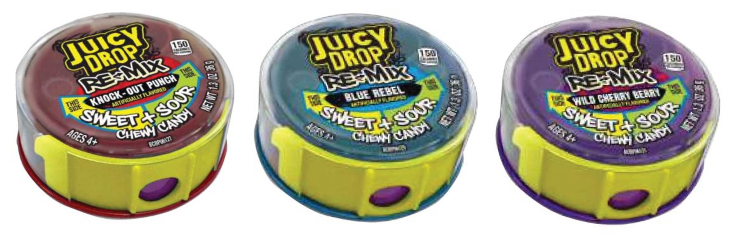 Juicy Drop Remix, Blue Rebel/Knock Out Punch/Wild Cherry Berry, Red/Blue/Purple, 36-g, Chewy Candy, for Birthday/Party Favour Front_Flat