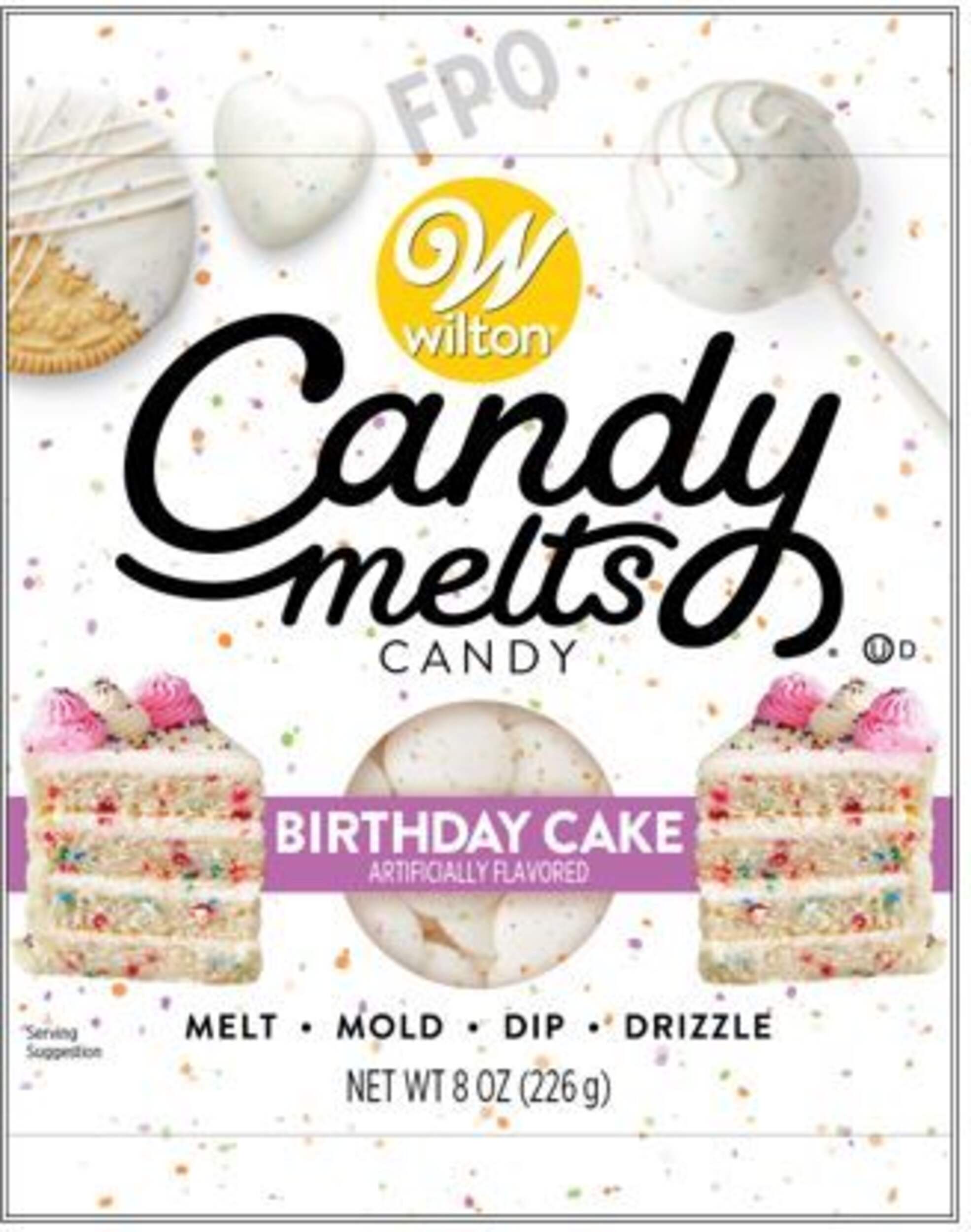 Wilton Candy Melts Candy, White, 8-oz, Birthday Cake Flavoured, for Melting/Molding/Dipping/Drizzling Front_Flat