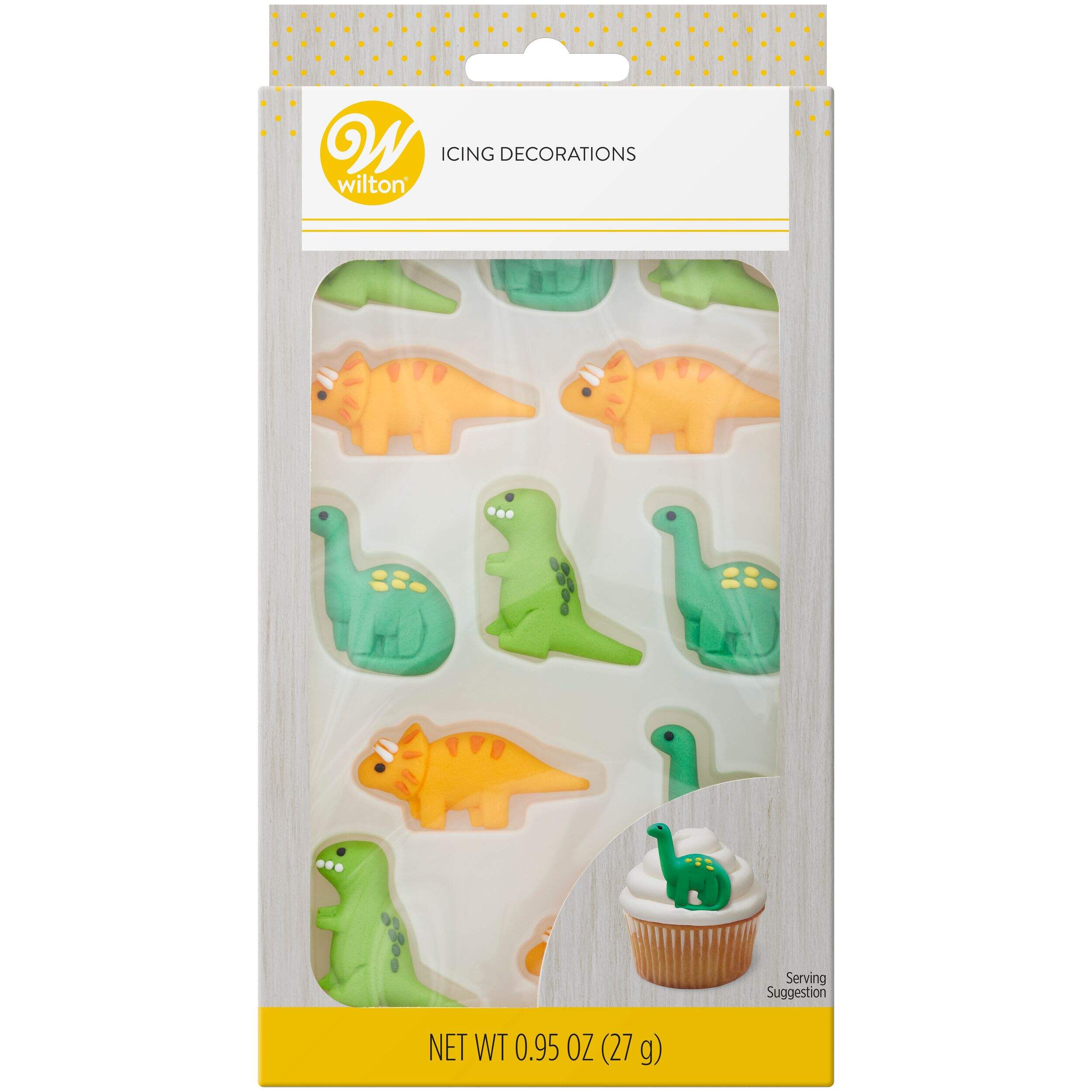 Wilton Dinosaurs Royal Icing Edible Dinosaur Sprinkles, Green/Yellow, 0.95-oz, 12-pk, for Birthday Baking/Cake Decoration Front_Flat