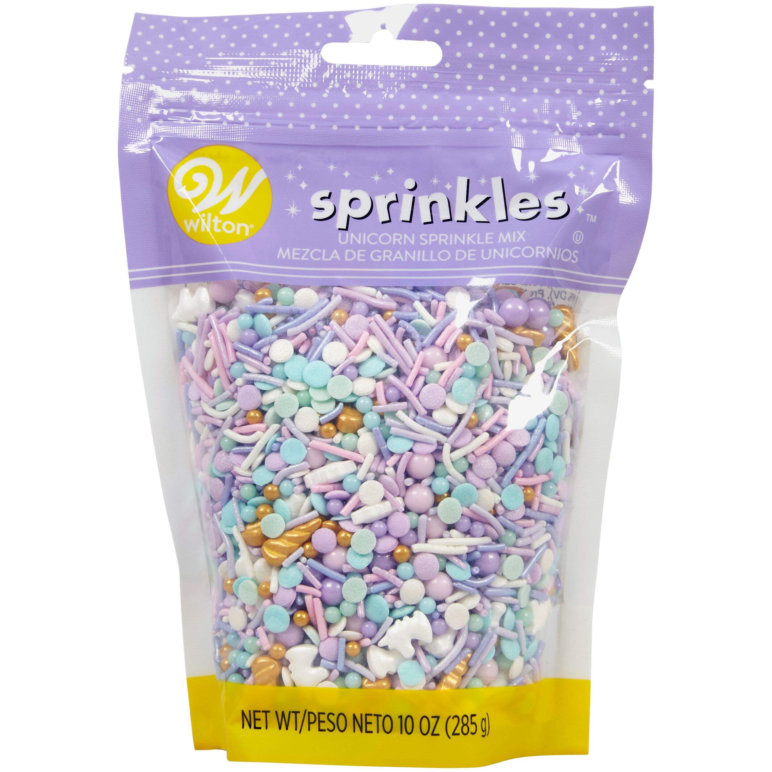 Wilton Unicorn Mix Edible Decorative Sprinkles, Purple/Gold/White, 10-oz, for Baking/Cake Decoration Front_Flat