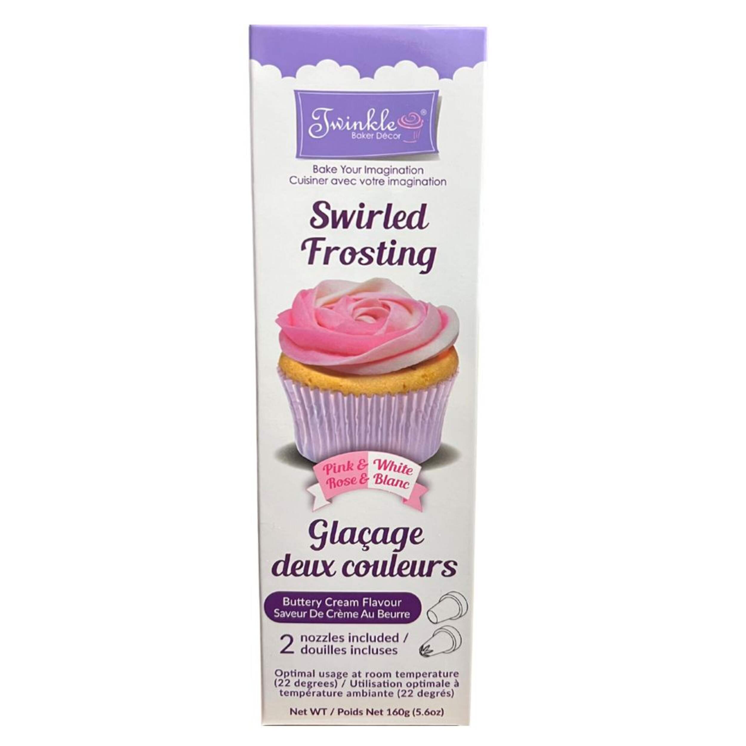 Swirled Frosting with Nozzles, Pink/White, 5.6-oz, Buttery Cream Flavoured Frosting, for Baking/Cake Decoration Front_Flat
