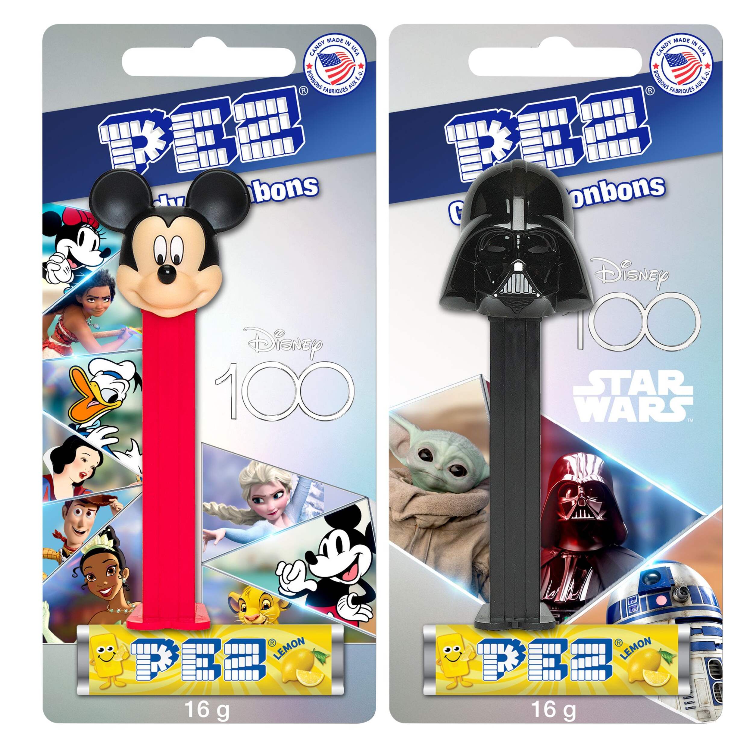 Disney Minnie Mouse & Darth Vader PEZ 100 Years Dispenser, Assorted Fruits, Red/Black/Yellow, 16-g, Hard Candy, for Birthday/Party Favour Front_Flat