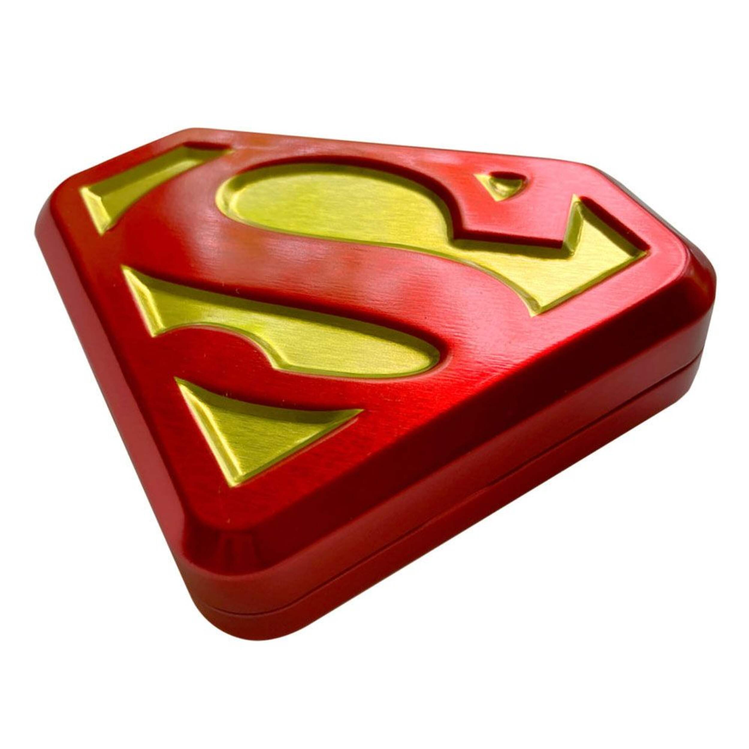 DC Superman S-Shield Candy with Tin, Sour Cherry, Red/Yellow, 17-g, Hard Candy, for Birthday/Party Favour Front_Angled_Left