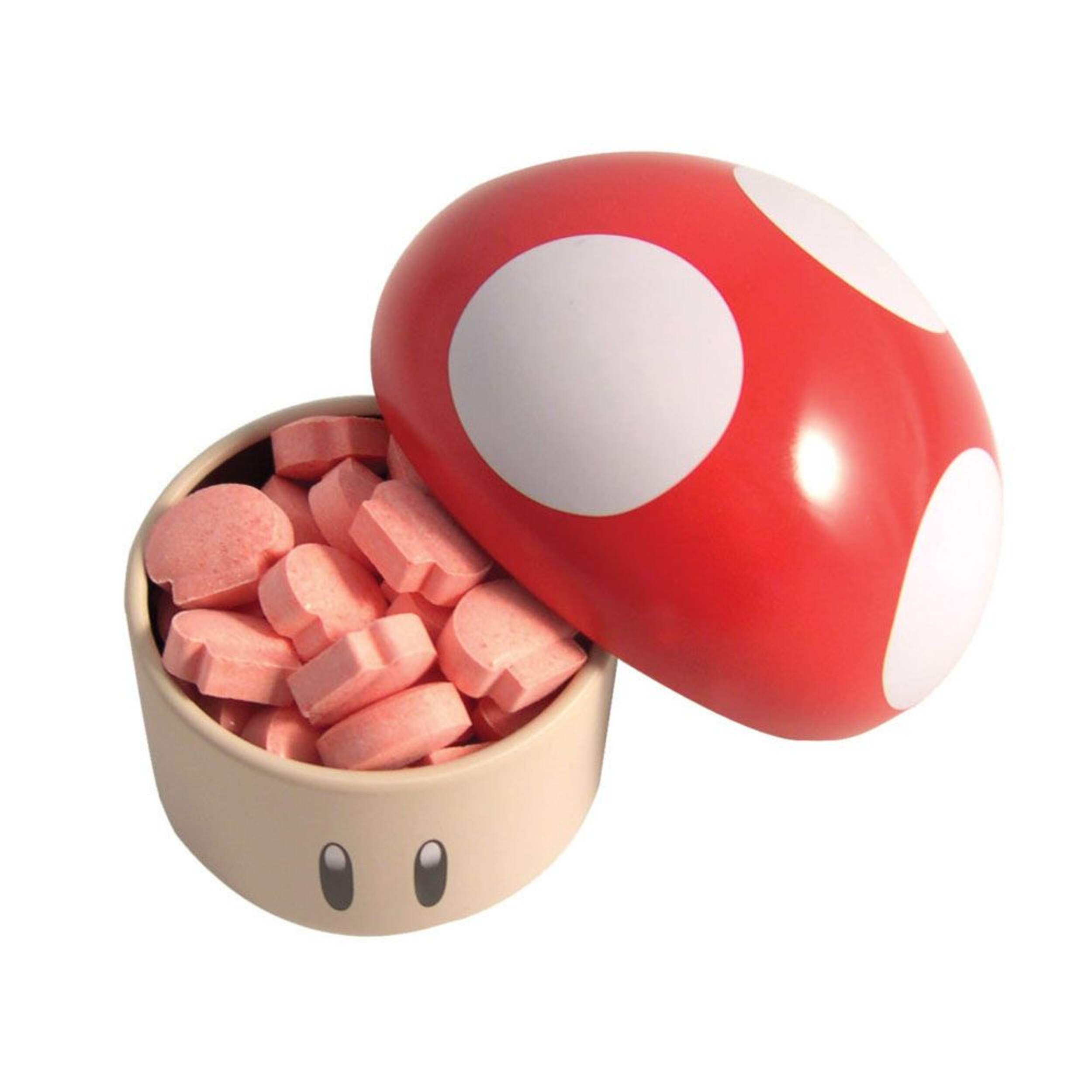 Nintendo Super Mario Bros Mushroom Candy Tin, Cherry & Apple, Red, 17-g, Hard Candy, for Birthday/Party Favour Front_Three_Fourths_Angled_Left
