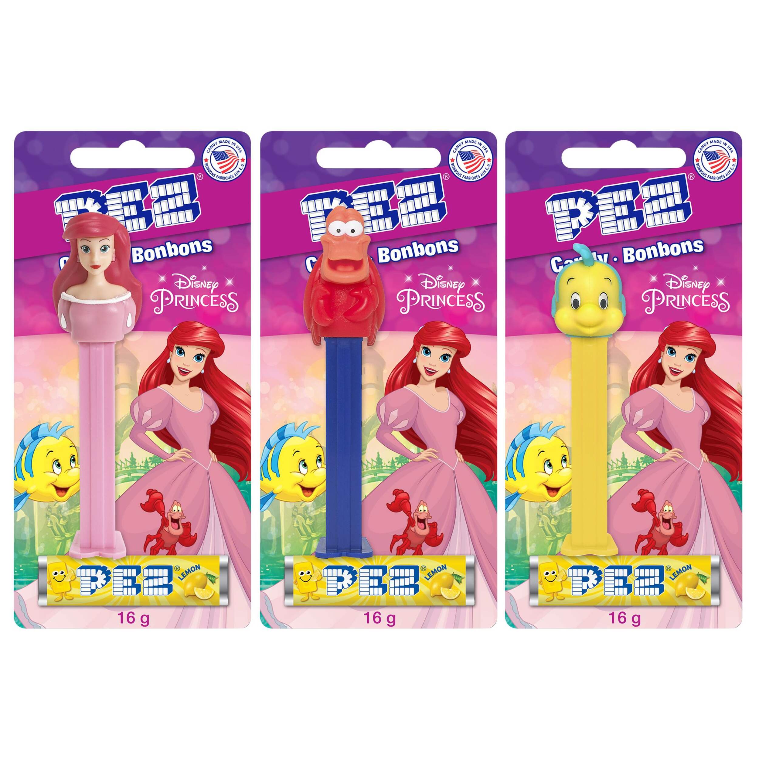 Disney The Little Mermaid Ariel/Flounder/Sebastian PEZ Dispenser, Lemon, Multi-Coloured, 16-g, Hard Candy, for Birthday/Party Favour Front_Flat