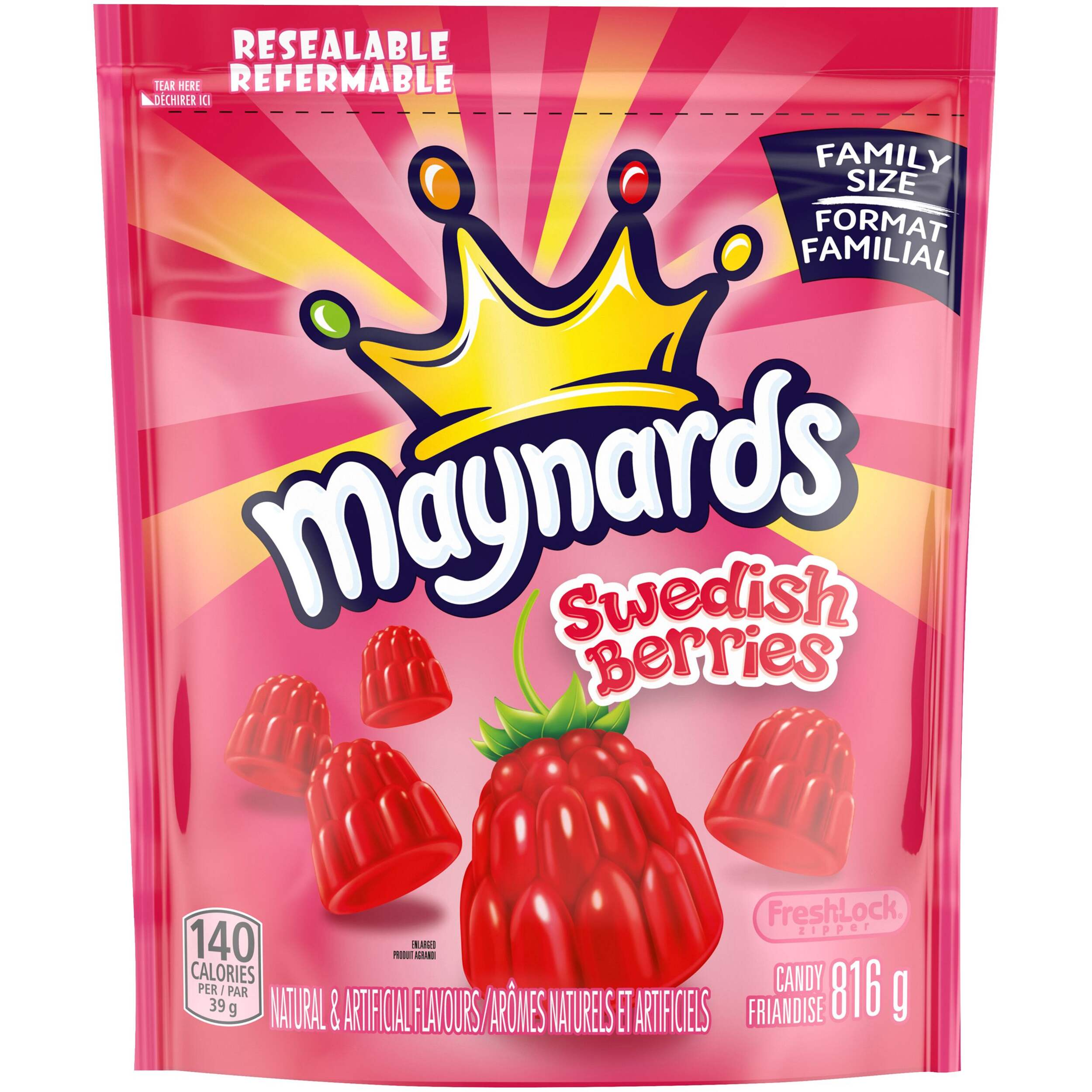 Maynards Swedish Berries Gummy, Strawberry, Pink, 816-g, Chewy Candy, for Birthday/Party Favour/Halloween, Swedish Berries Gummy Candy Front_Flat
