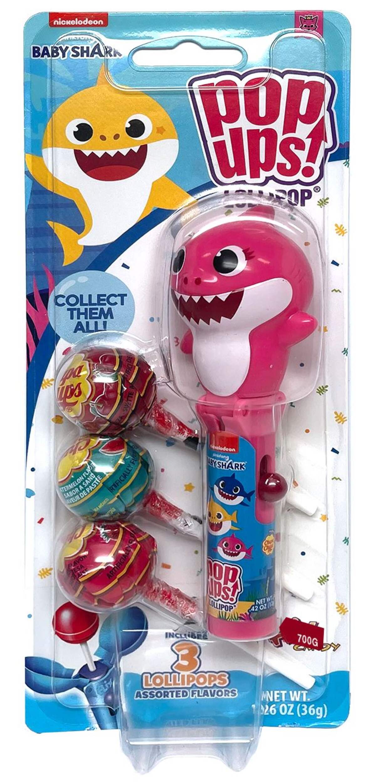 Baby Shark Chupa Chups Pop Ups Lollipop, Assorted Fruits, Multi-Coloured, 3-pk, Hard Candy, for Birthday/Party Favour Front_Flat