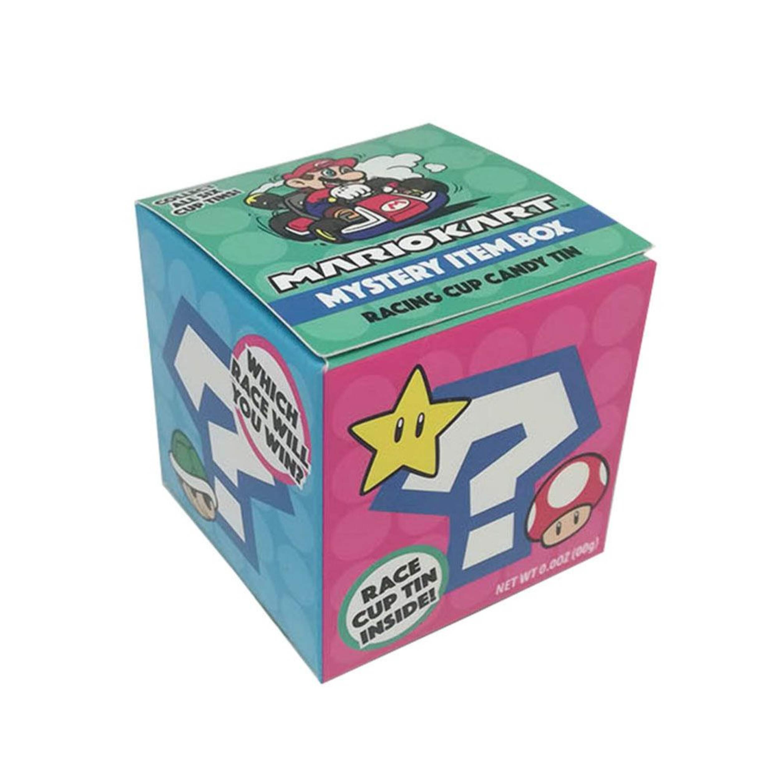 Nintendo Super Mario Bros Mario Kart Mystery Item Box with Candy Tin, Assorted Fruits, Multi-Coloured, 20-g, for Birthday/Party Favour Front_Three_Fourths_Angled_Right